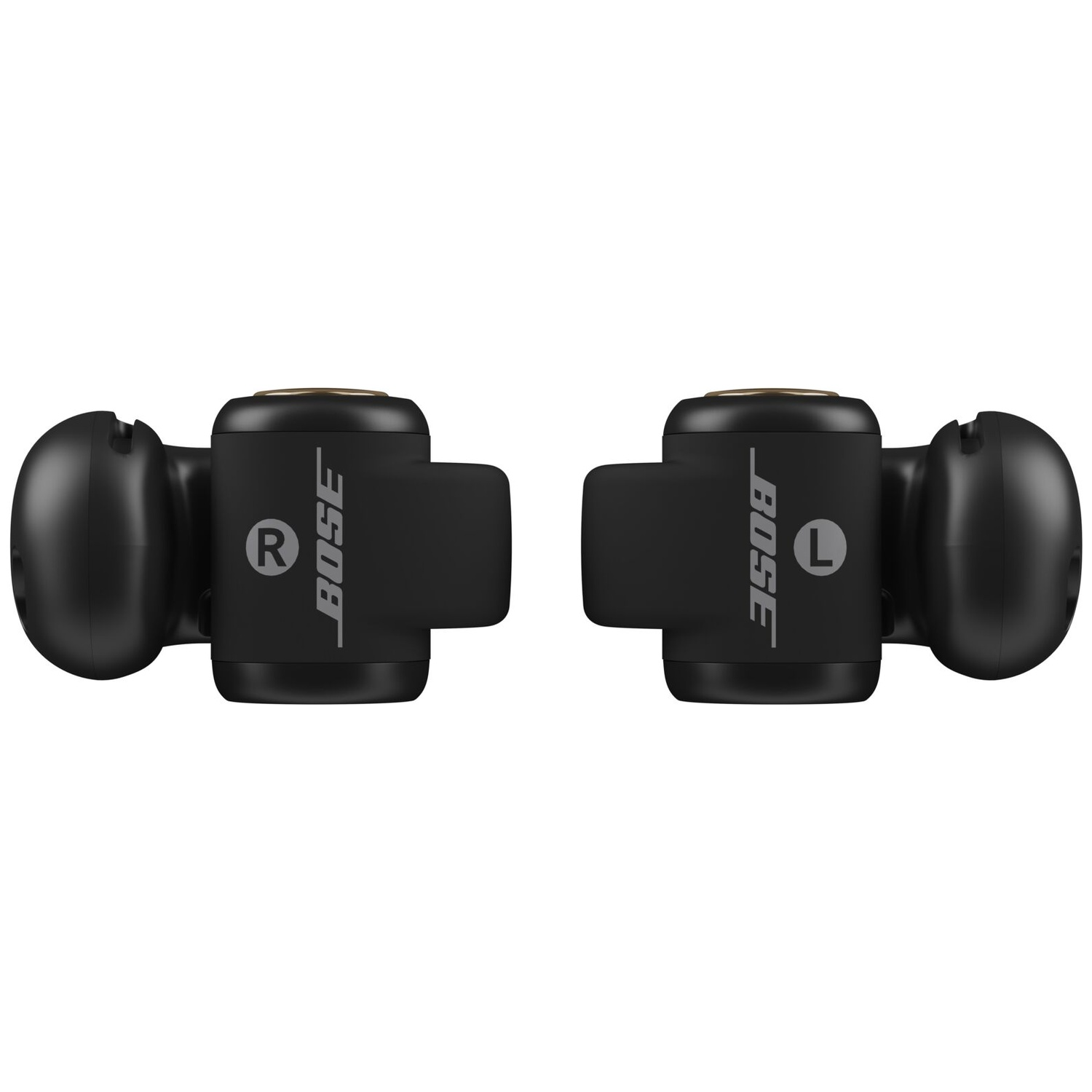 Two black Bose earbuds. One marked 'R' and the other 'L'. Both have a silver Bose logo and a gold-colored accent.