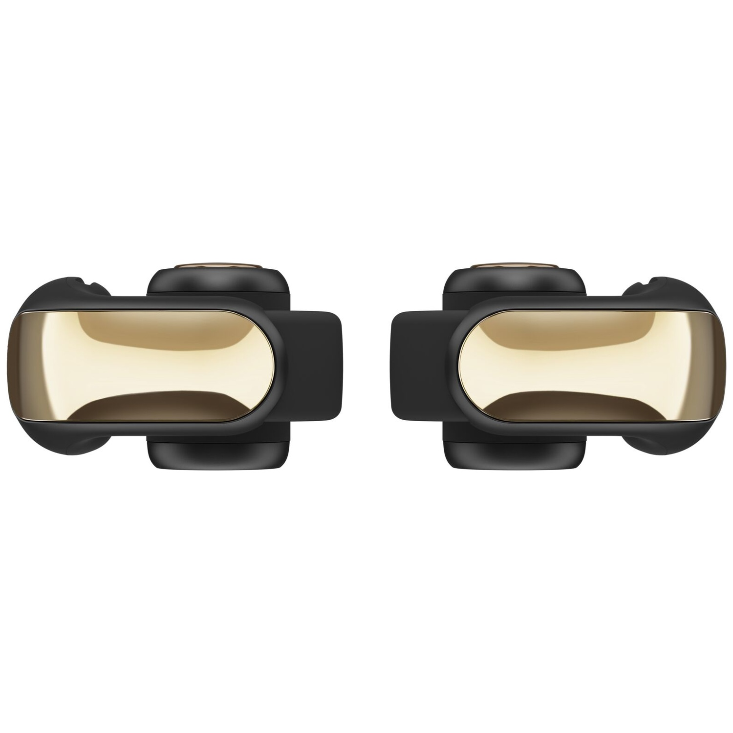 Two black and gold objects, possibly earbuds, are centered on a white background. Each has a rounded gold face and black casing.