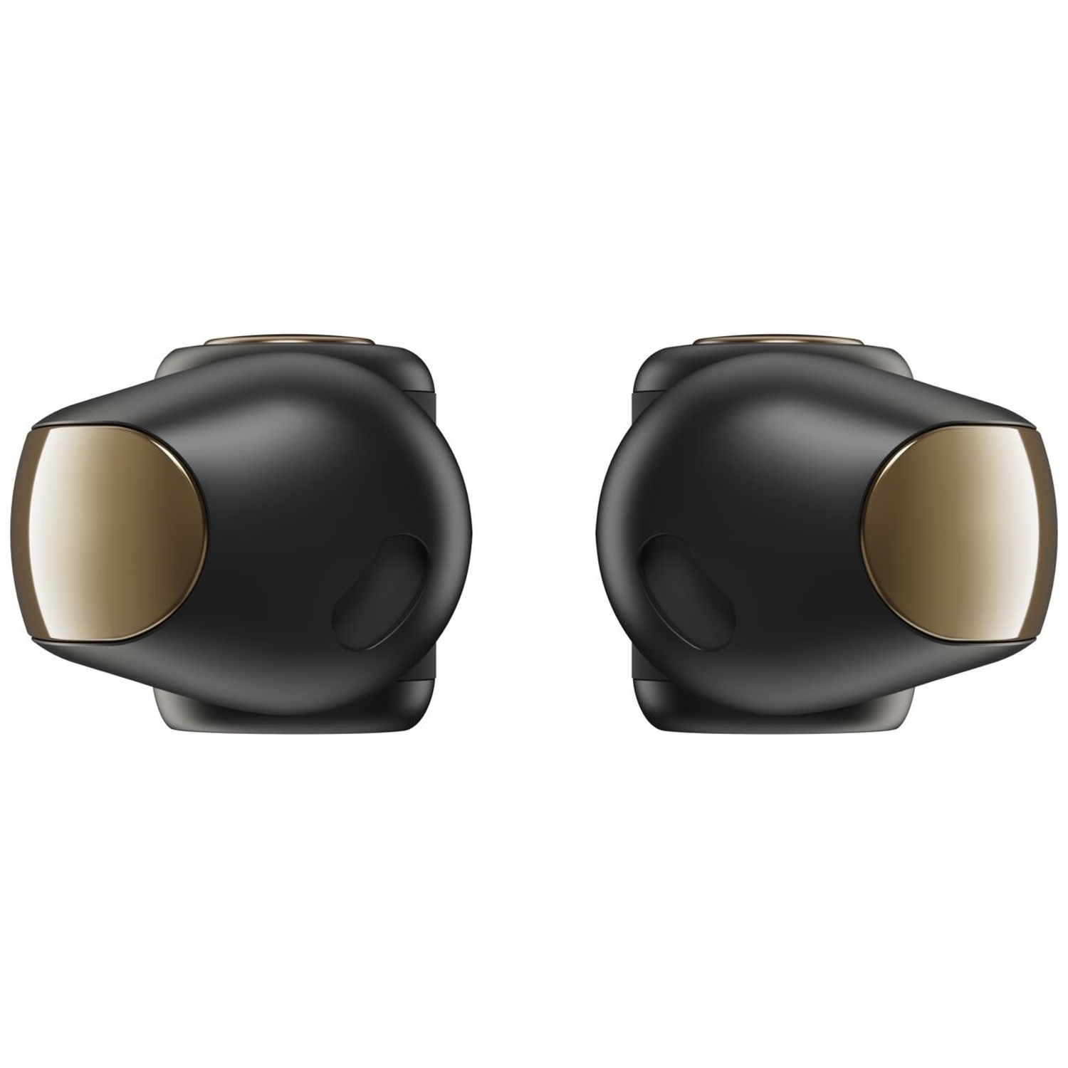 Two black and gold earbuds, each with a curved gold front and a black body, are placed on a white background.