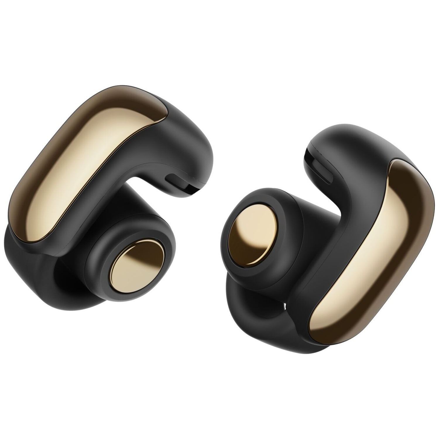 Two wireless earbuds. Black and gold design. Each has a rounded shape with gold accents.