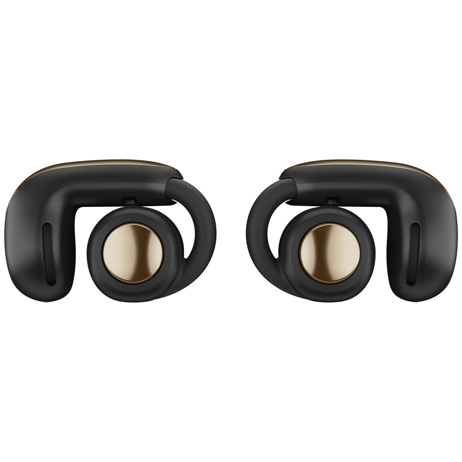 Two black and gold wireless earbuds are displayed. Each has a gold center and a black outer shell. The background is white.