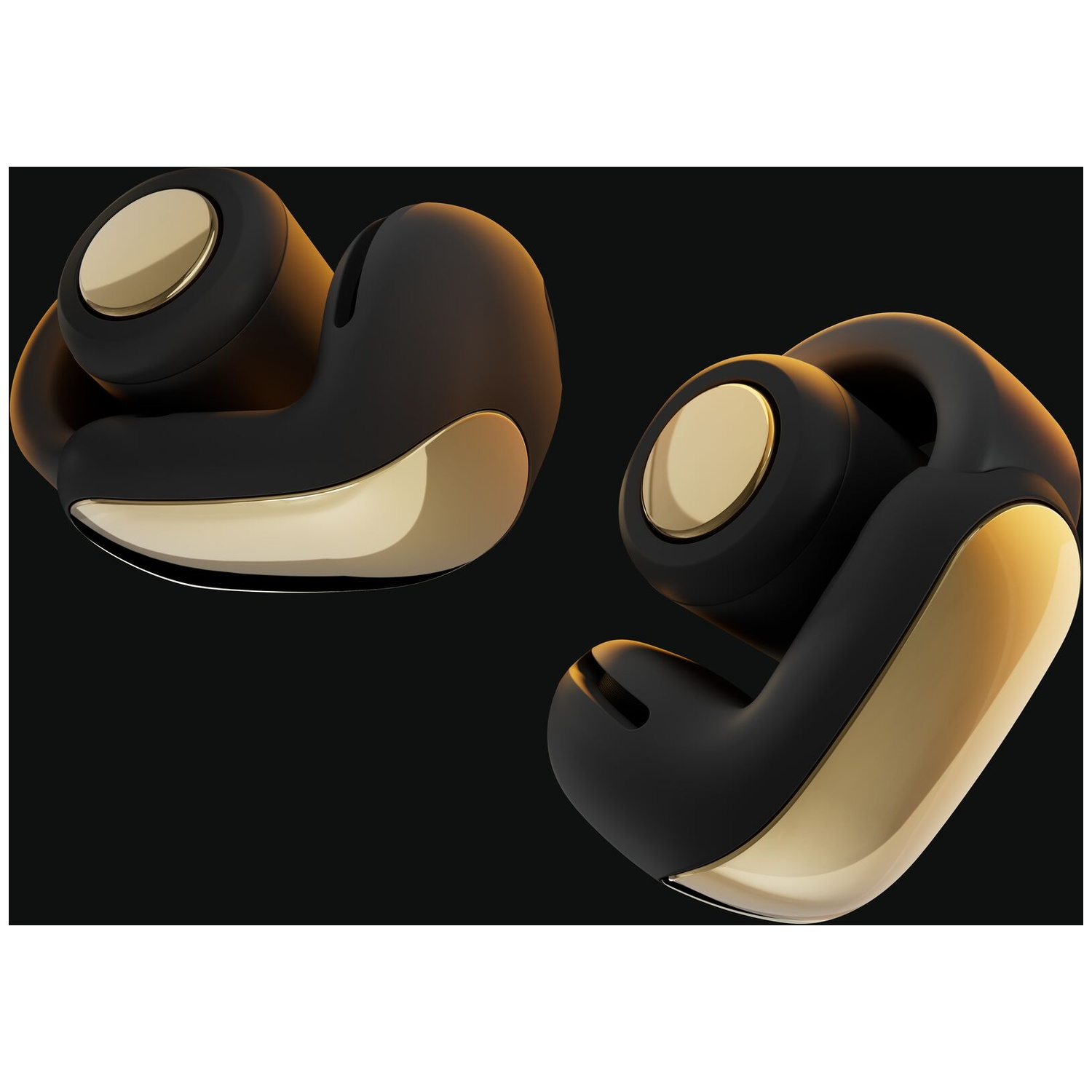 Two black and gold wireless earbuds. Gold accentuates the earbud, while black forms the primary body. Dark background.
