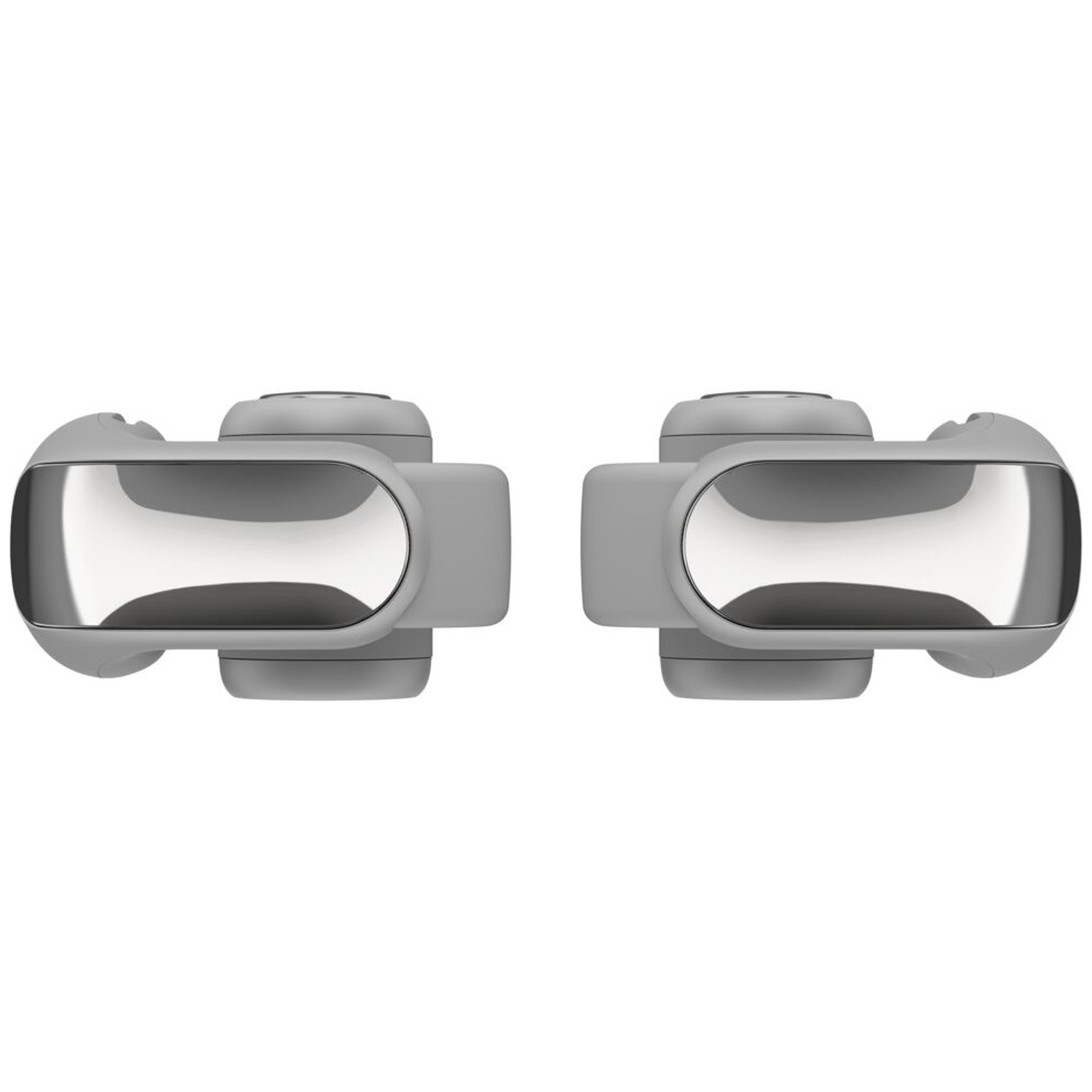 Two gray and silver pedals are positioned symmetrically against a white background. Each pedal has a curved silver center.