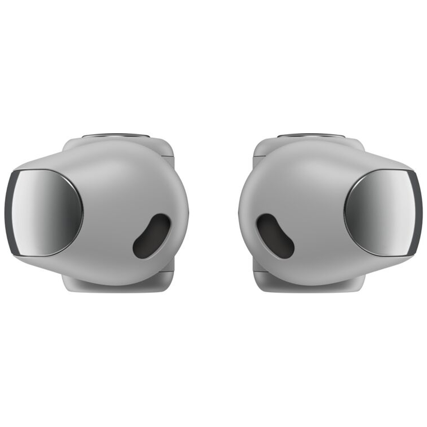 Two gray earbuds with silver accents. Each has a dark hole and a metallic, curved section.
