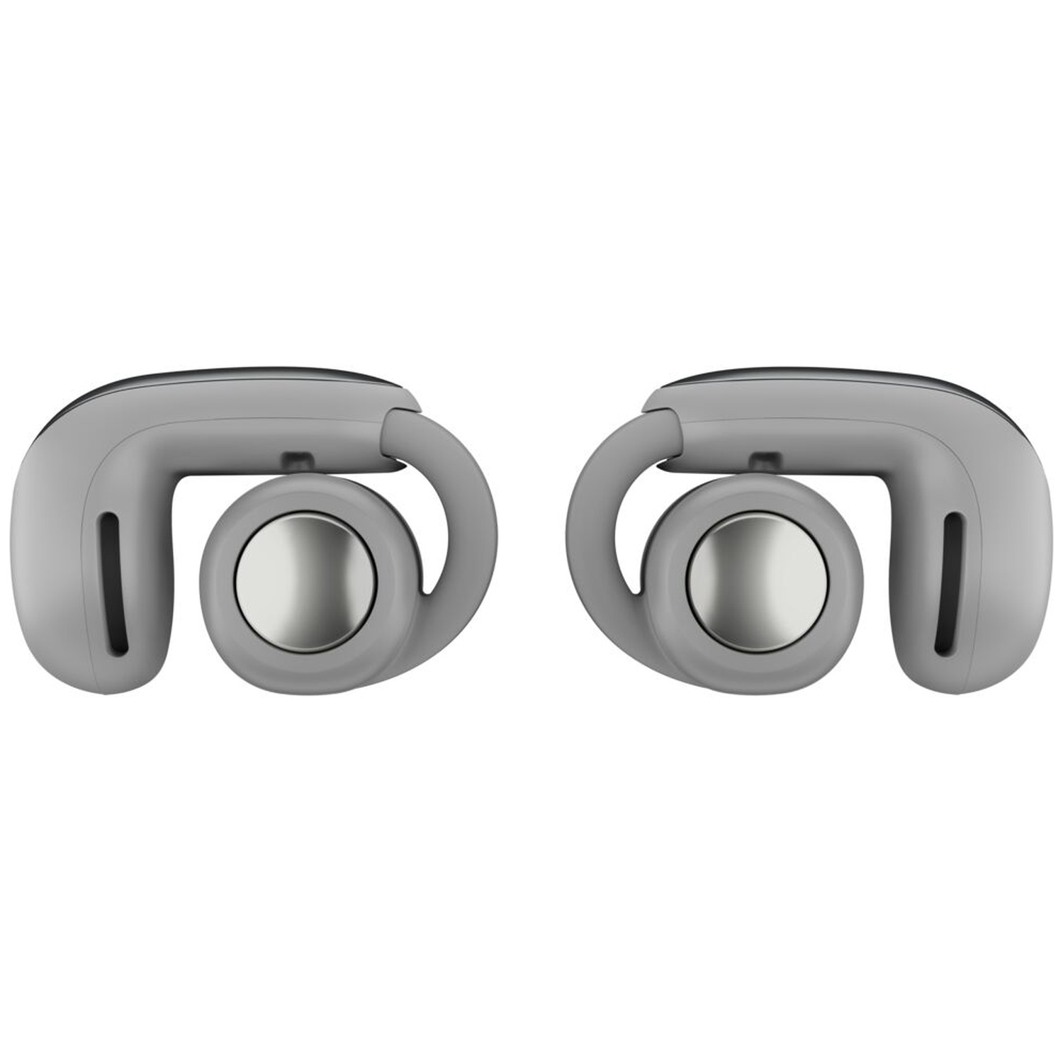 Two gray wireless earbuds with a silver button. They are on a white background. The design is sleek and modern.