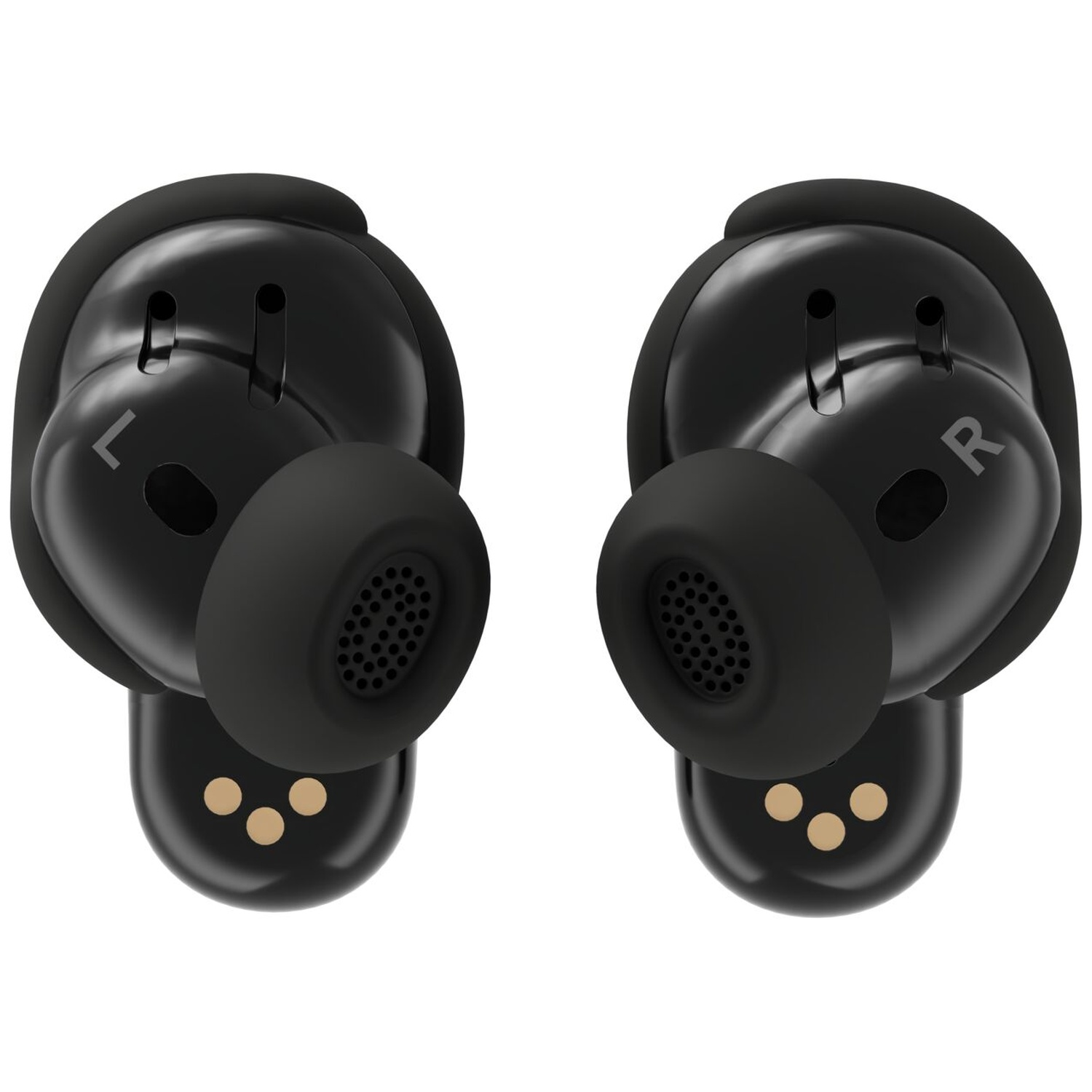 Two black wireless earbuds. The left earbud has an 'L' and the right earbud has an 'R'. Each has three gold dots.