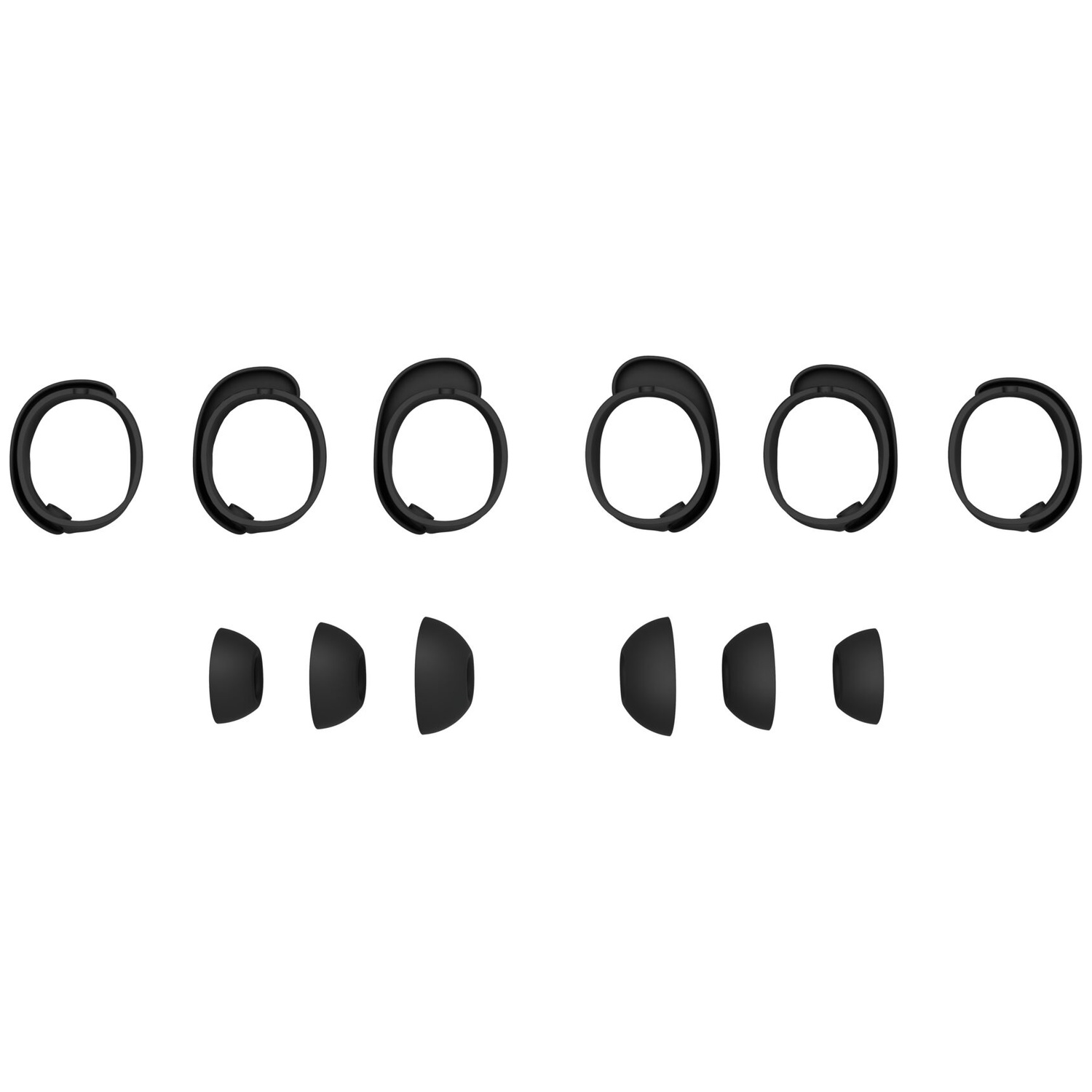 Image shows six black ear hooks and six black ear tips, all arranged against a white background.