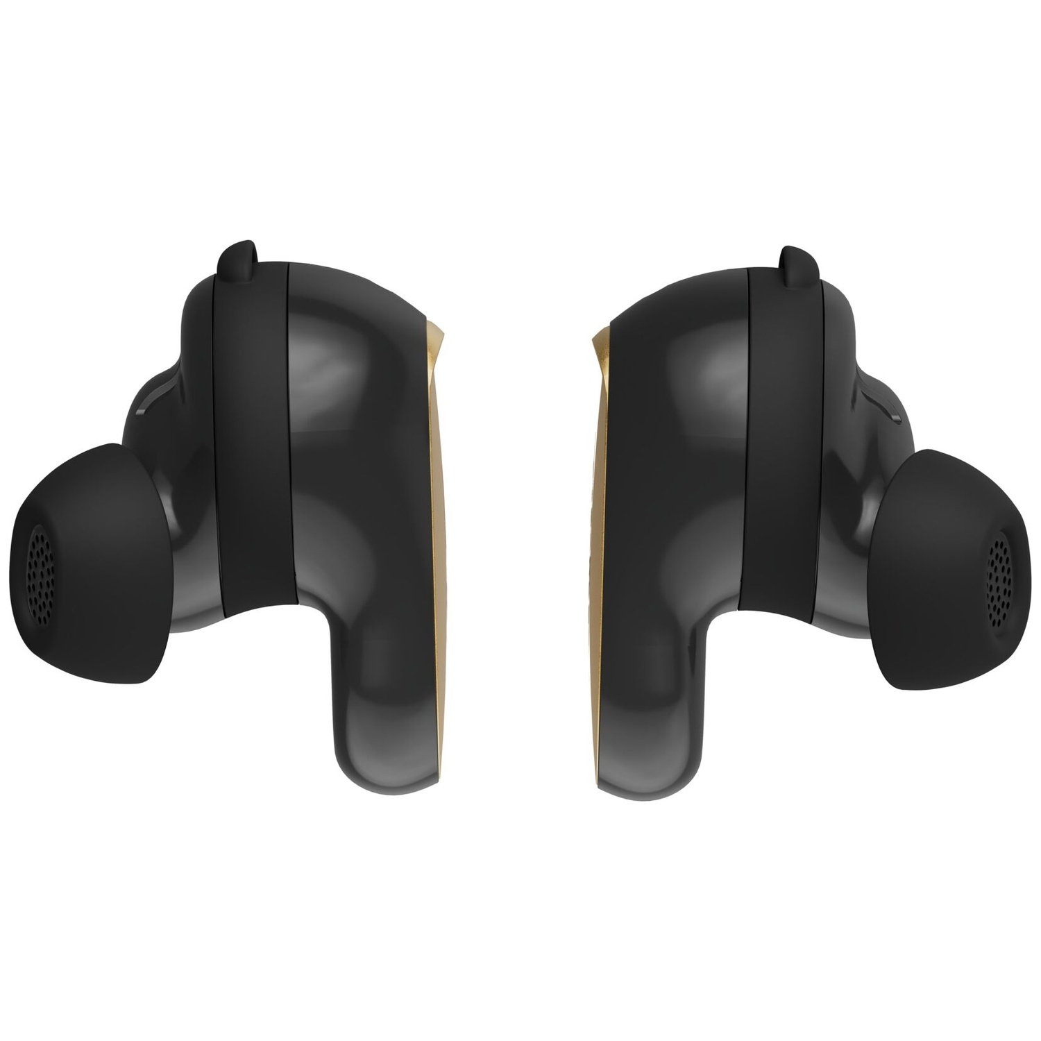 Two black and gold wireless earbuds are displayed against a white background. Each earbud has a rounded shape with a nozzle.