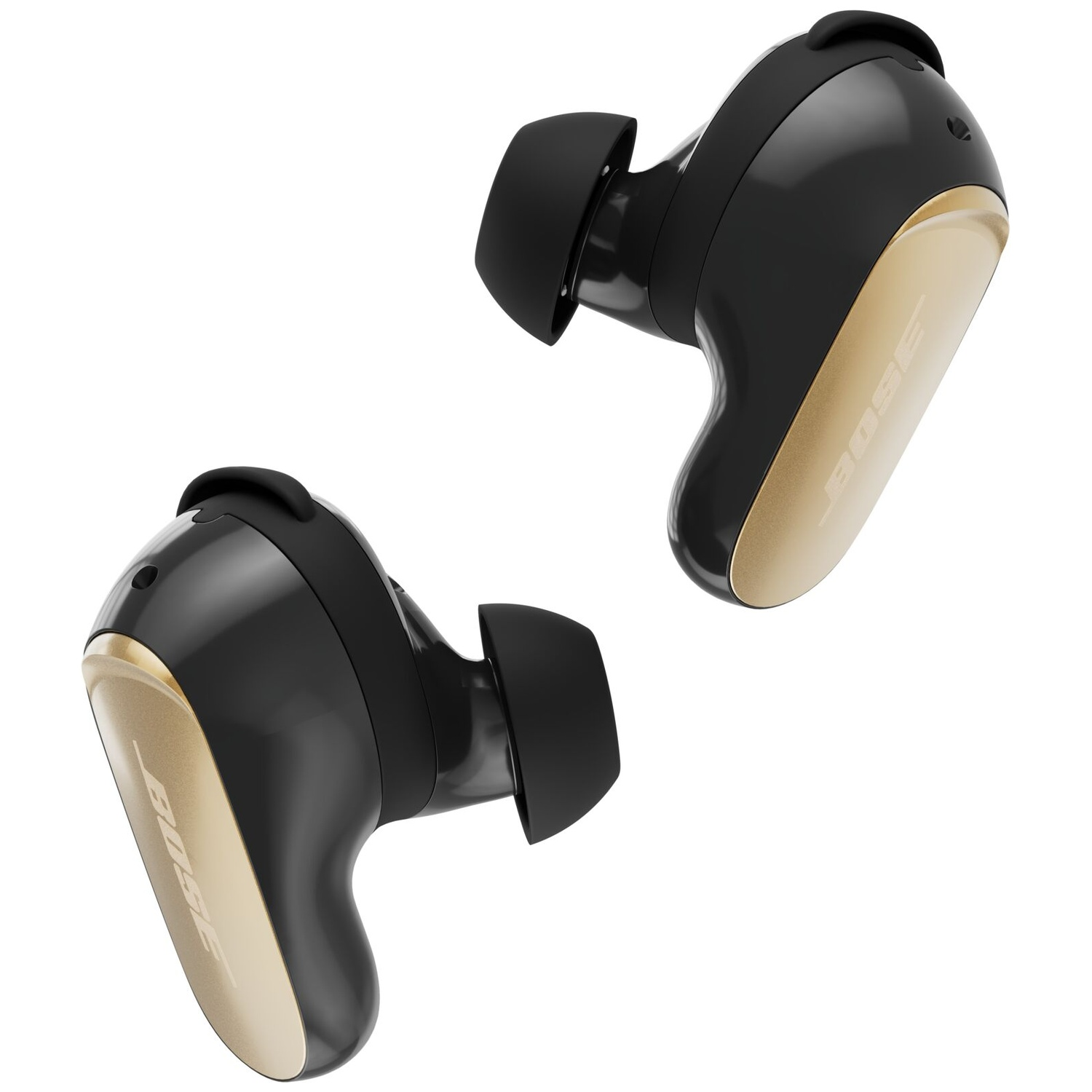Two black and gold Bose earbuds on a white background. Each has a gold panel with the Bose logo.