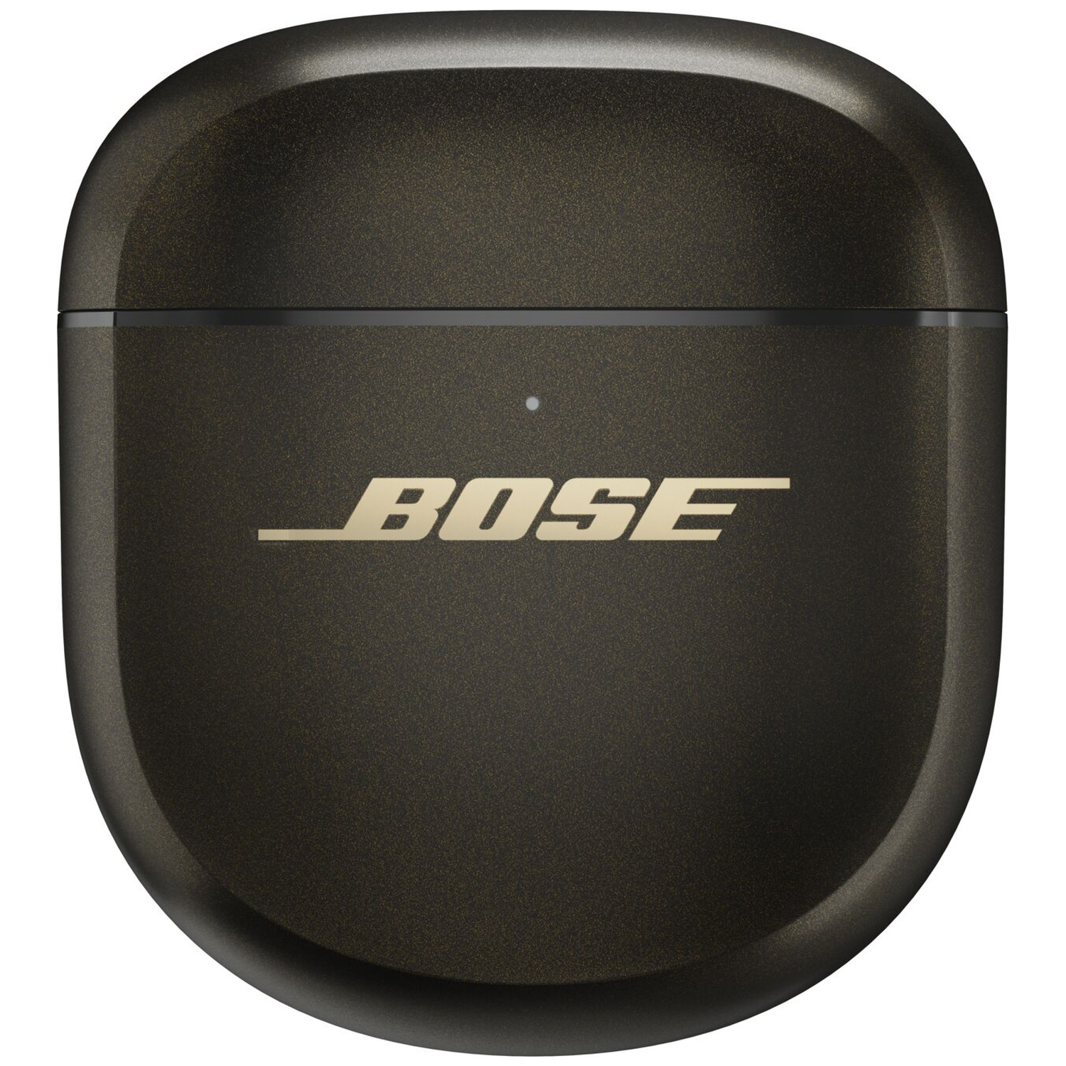 A dark brown Bose earbuds charging case. The Bose logo is in gold. The case has a rounded top and bottom.