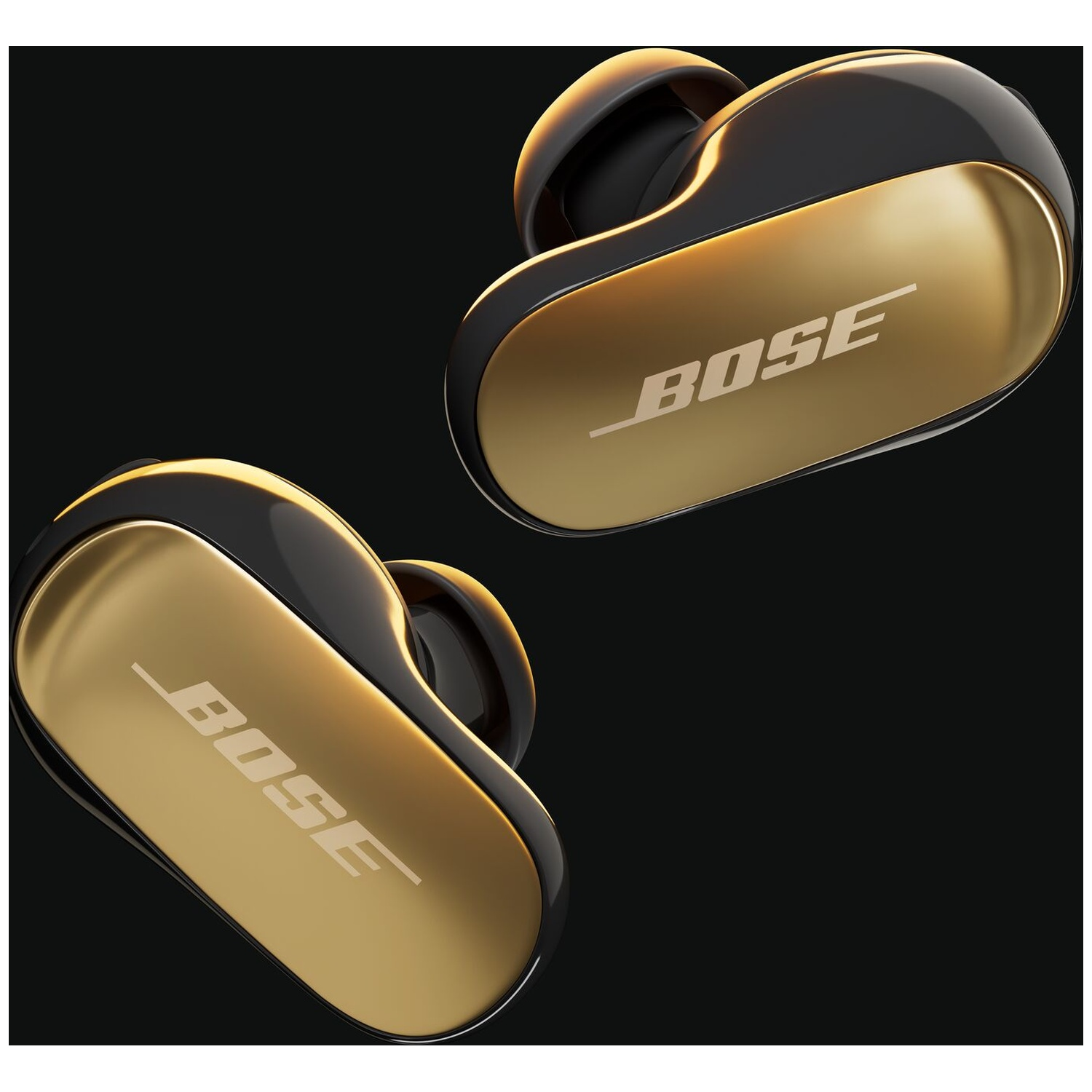 Two wireless Bose earbuds, gold and black, on a black background. The Bose logo is visible on each earbud.