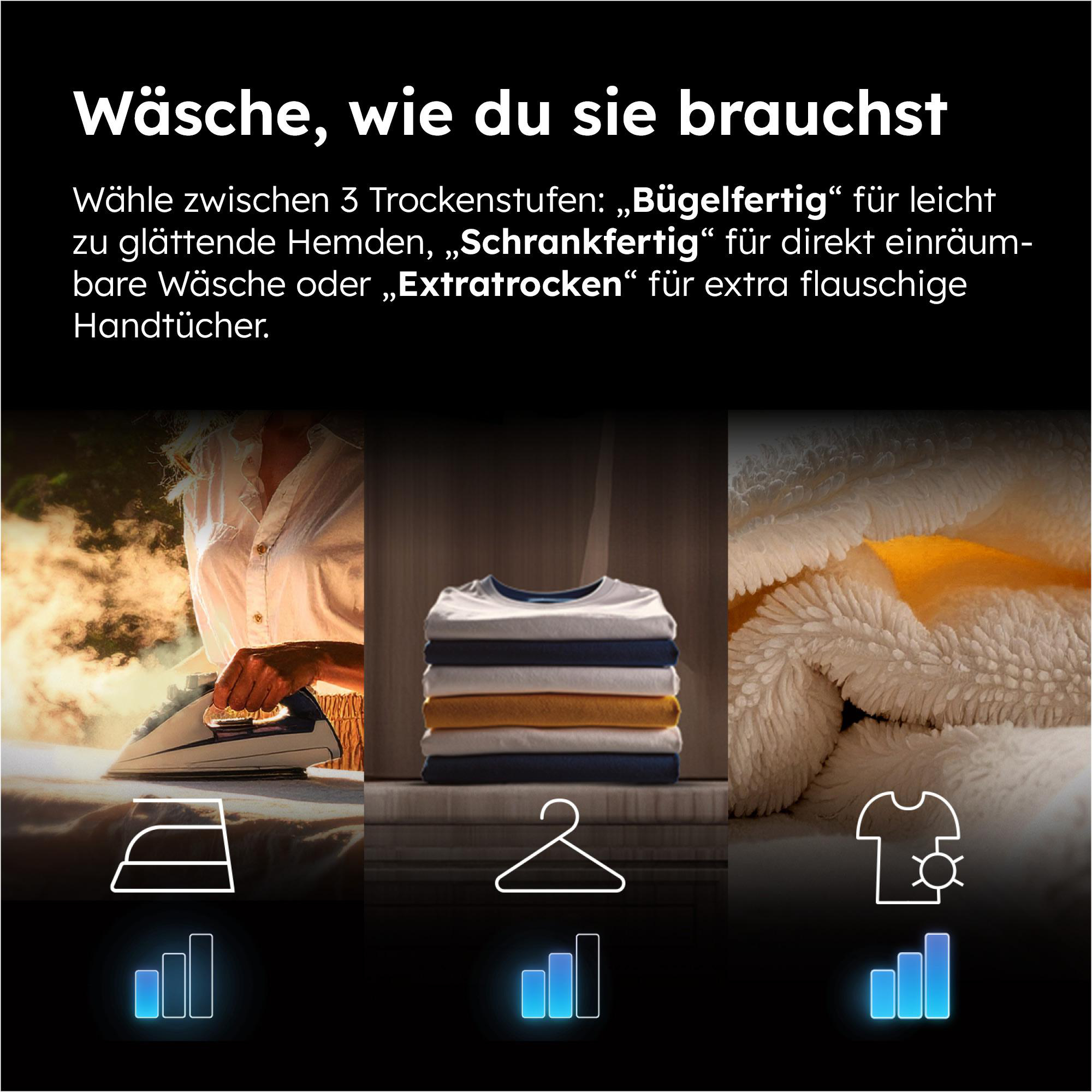 Das Bild zeigt Wäscheoptionen. Bügeln, gefaltete Kleidung und flauschige Handtücher sind abgebildet. Text erklärt Trocknungseinstellungen.