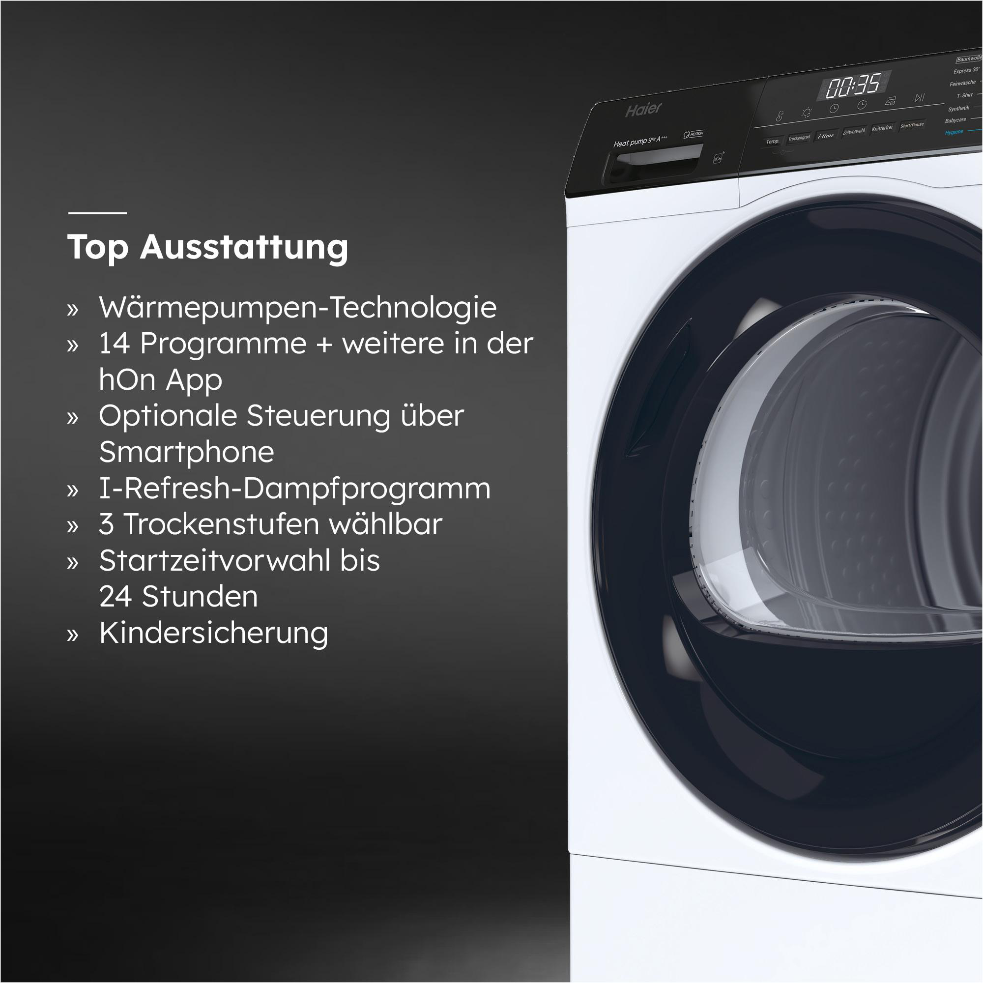 Ein weißer Haier-Trockner mit dunkler Tür. Text links listet Funktionen auf. Digitalanzeige zeigt die Zeit.