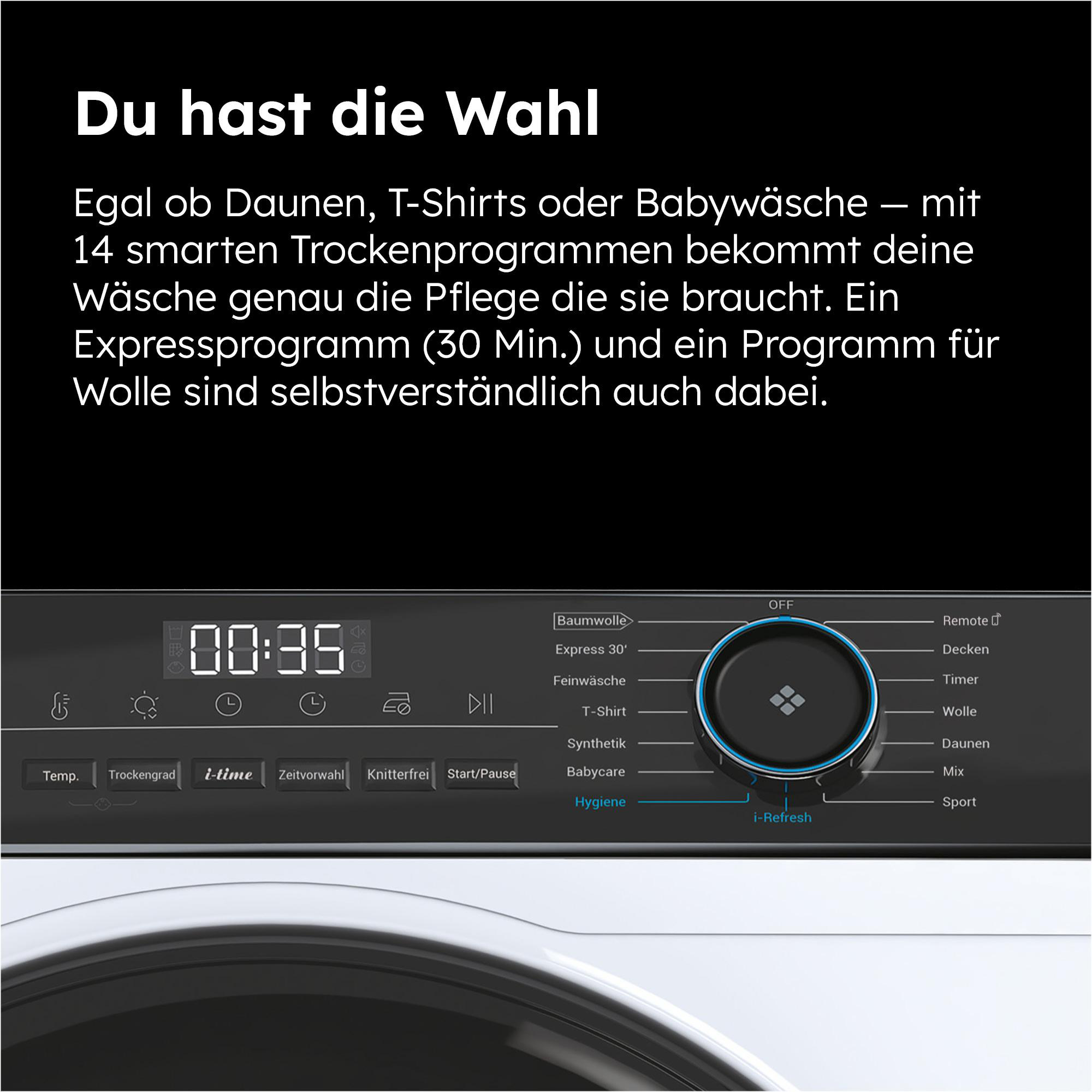 Waschmaschinen-Bedienfeld mit Timer, Programmen und Drehregler. Zeigt 00:35 an.