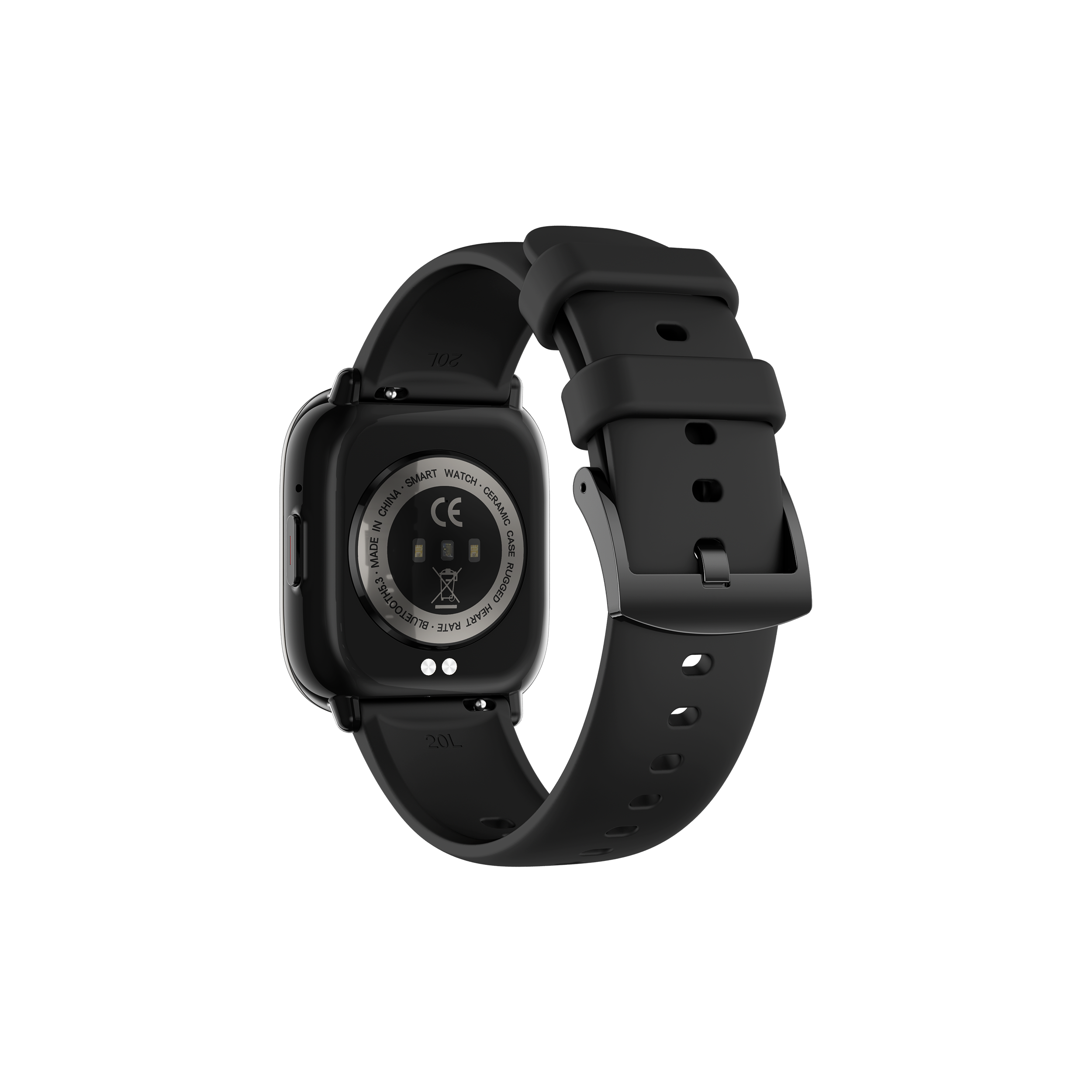 Fekete okosóra fekete szíjjal, szögletes arccal. Részletek: 'Smart Watch' és 'Bluetooth 5.3'.