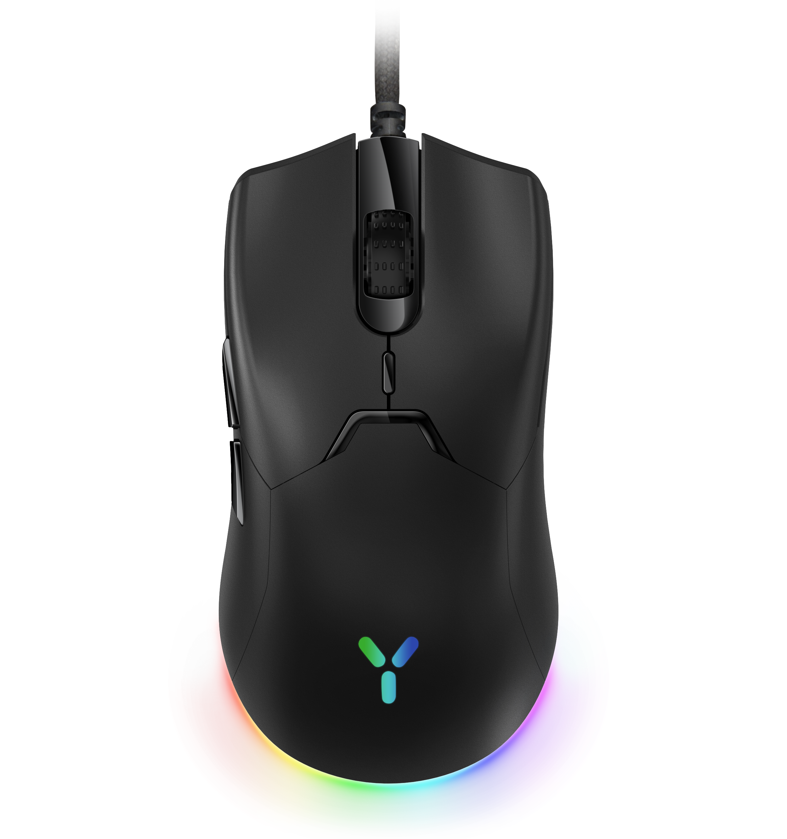 Schwarze Gaming-Maus mit RGB-Lichtbasis. Sie hat ein geflochtenes Kabel. Das Logo ist Y-förmig.