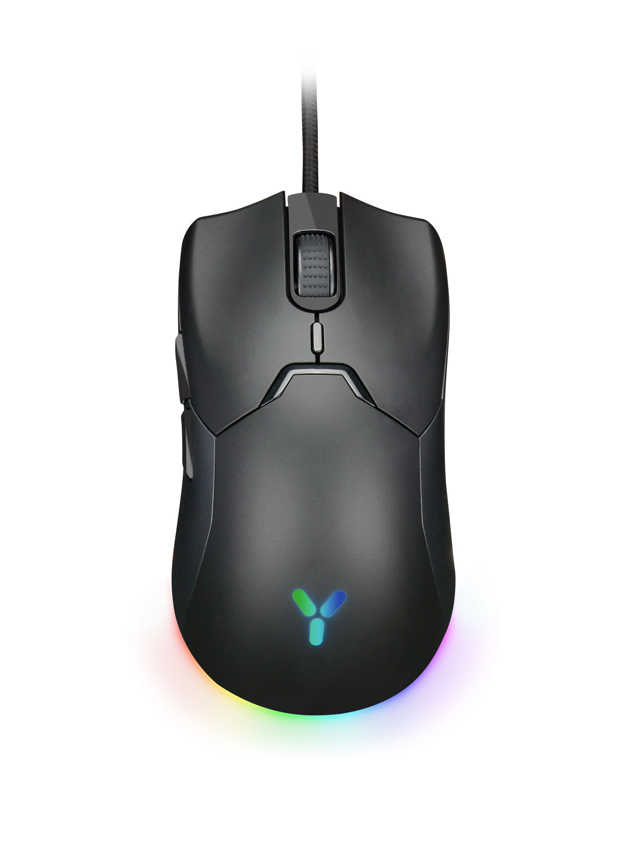 Schwarze Gaming-Maus mit farbigen LED-Lichtern. Sie hat Tasten und ein Scrollrad, mit einem Kabel.