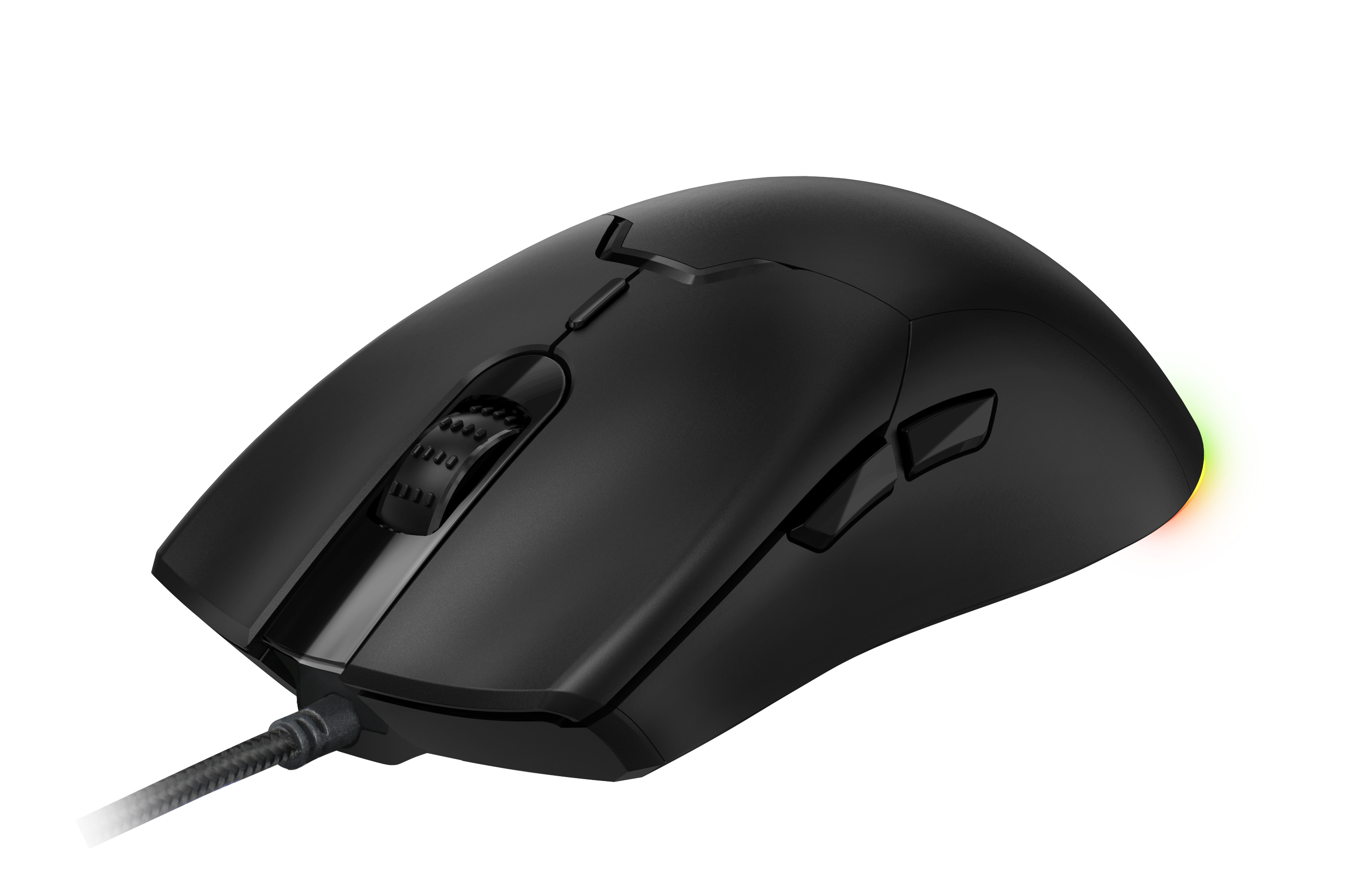 Schwarze Gaming-Maus mit Seitentasten, Scrollrad und einem leuchtenden RGB-Lichtstreifen am Rand, verbunden durch ein Kabel.