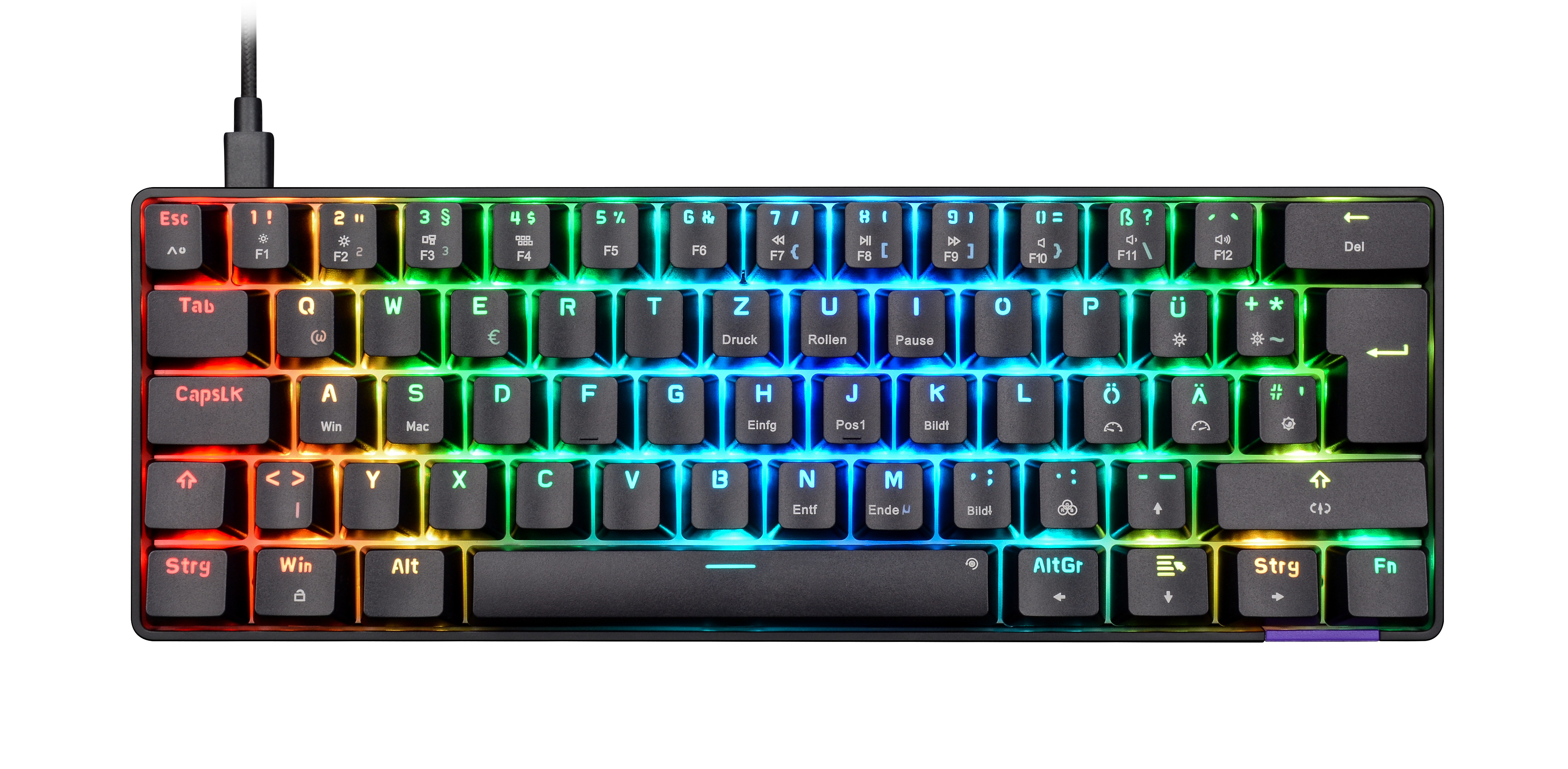 Eine schwarze Tastatur mit Regenbogen-Hintergrundbeleuchtung. Die Tasten sind mit Buchstaben, Zahlen und Symbolen beschriftet.