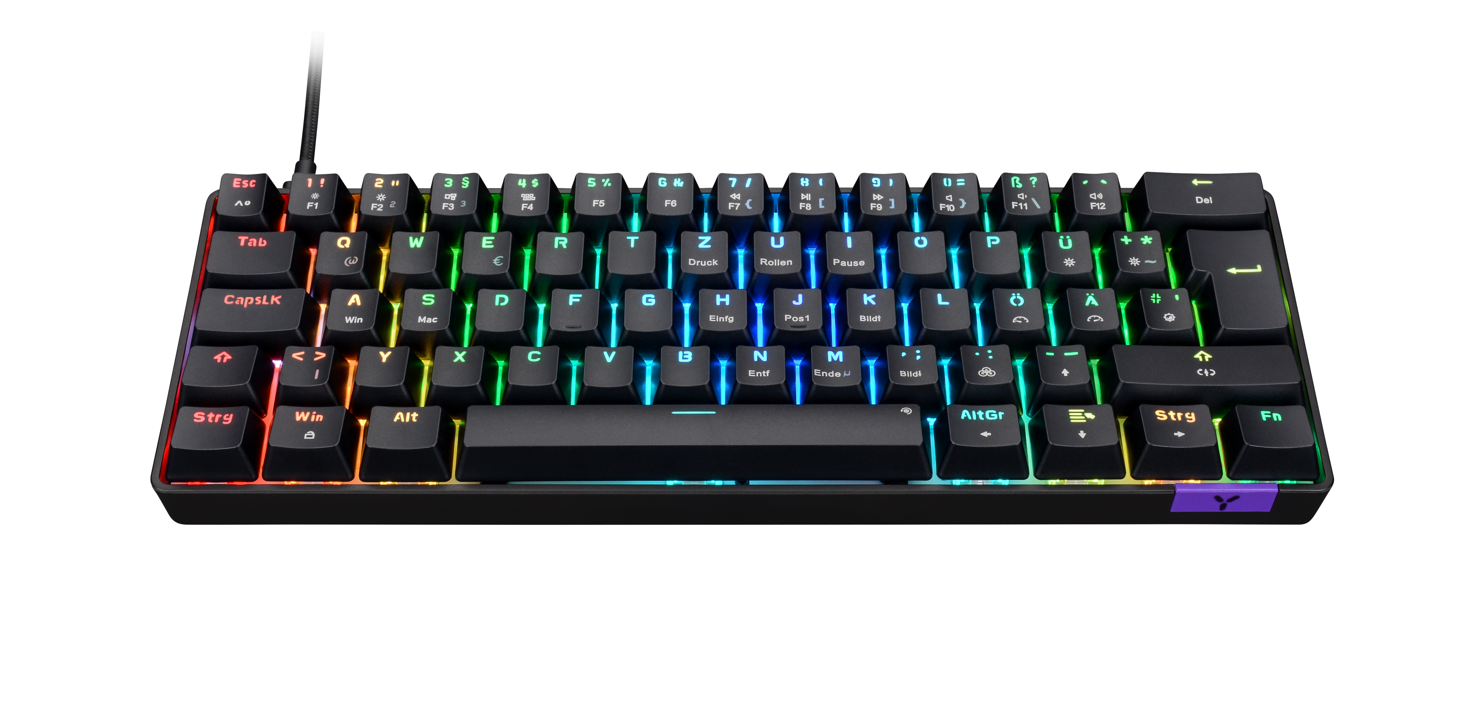 Eine schwarze mechanische Tastatur mit Hintergrundbeleuchtung. Verschiedene Symbole und Buchstaben.