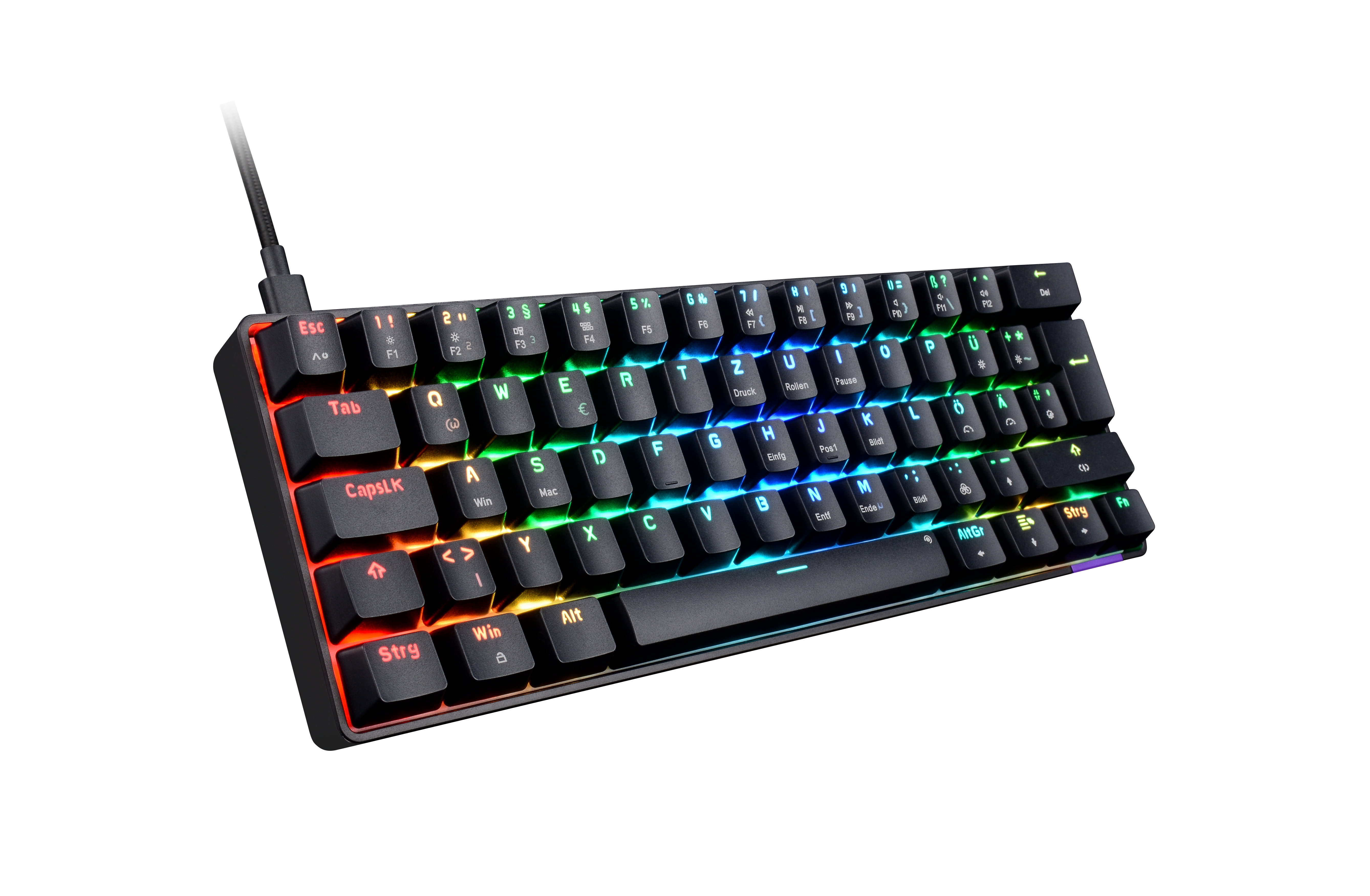 Eine schwarze mechanische Tastatur mit regenbogenfarbenen Tasten vor weißem Hintergrund.