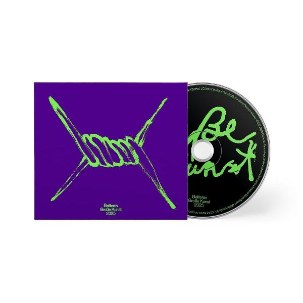 CD-Cover. Lila Hintergrund, grünes Stacheldrahtdesign. CD rechts mit grünem Text, 'Be unst'.
