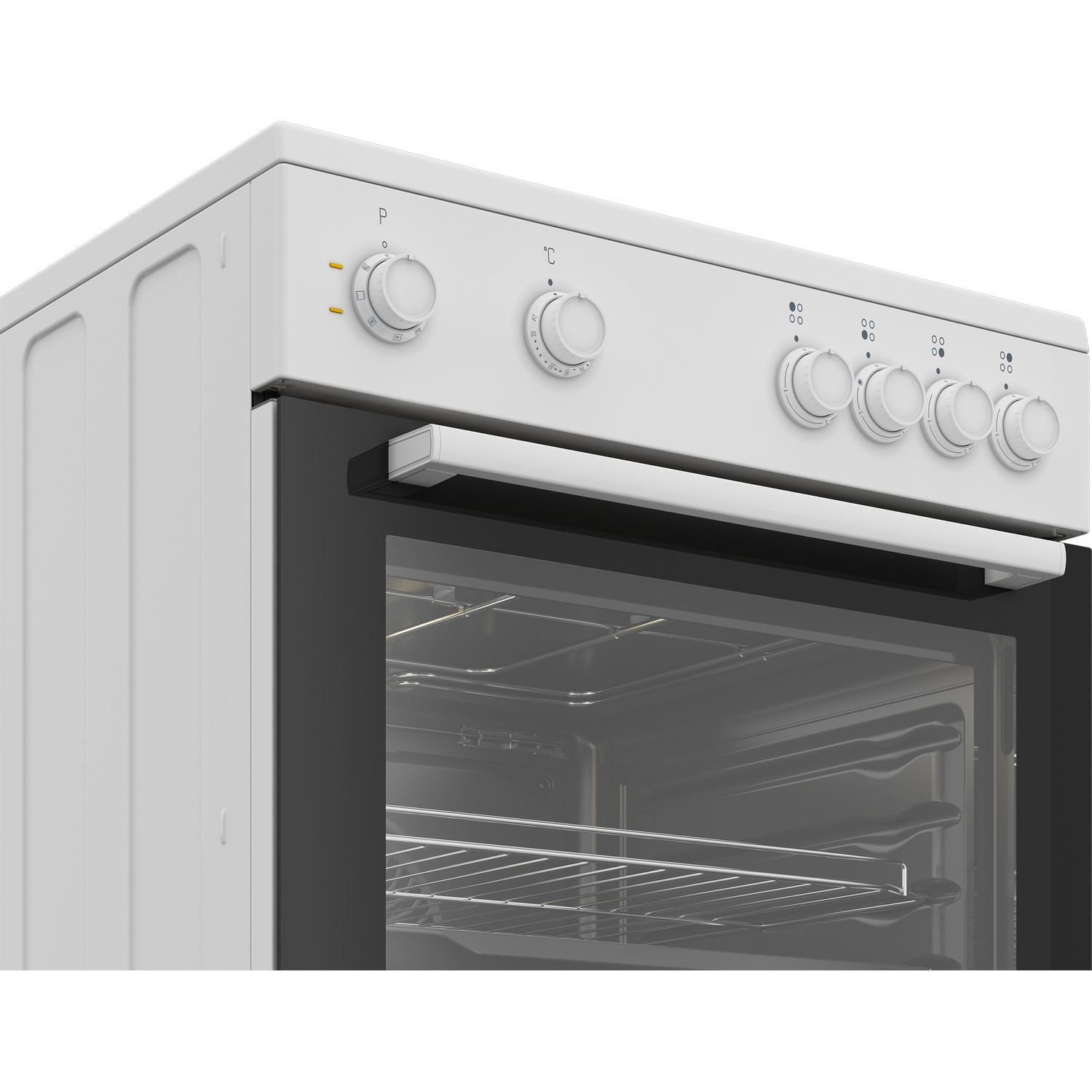A white oven with controls on top, including knobs for temperature and power. The oven door is black with a handle.