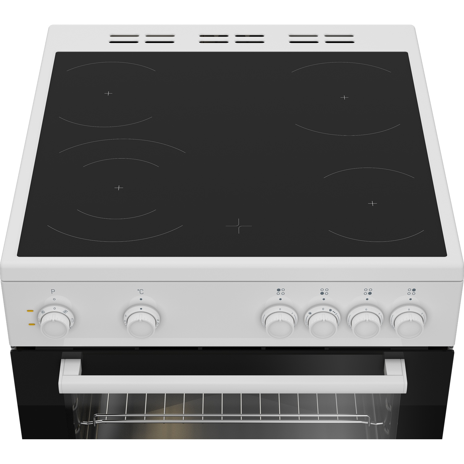 A white and black electric stove. It has a black stovetop with four burners, and knobs for temperature control.