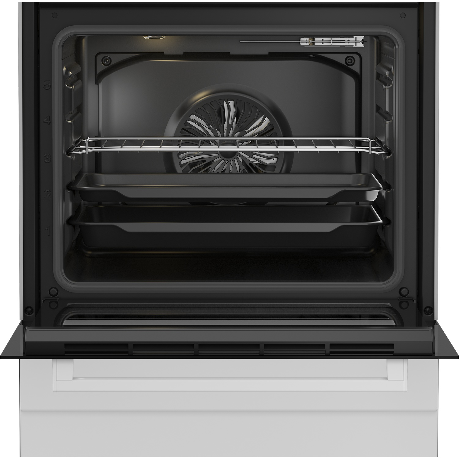 Open oven interior showing racks, fan, and trays. Oven door is ajar. Interior is black with silver metal racks.