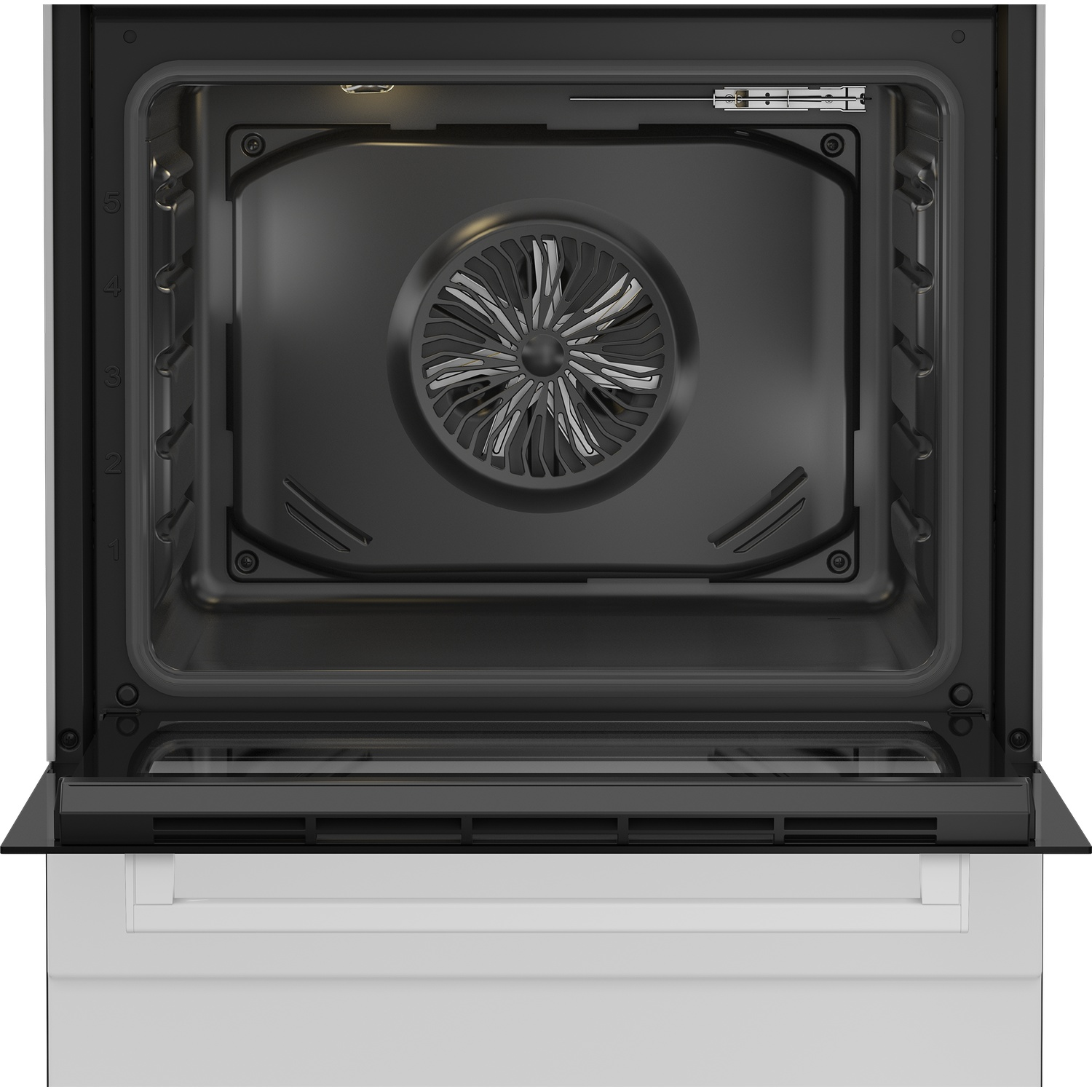 Open oven interior showing a fan, heating elements, and side rack supports, with the door partially open.