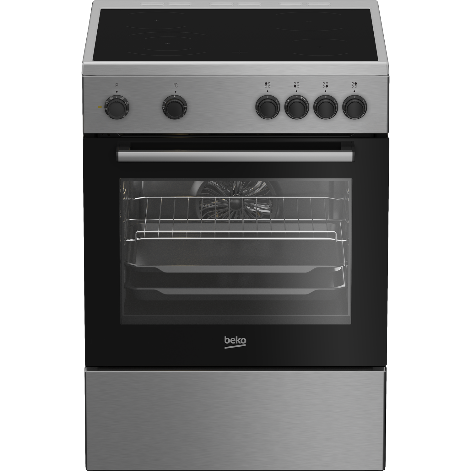 Un four électrique Beko en acier inoxydable avec une porte en verre noir. Il possède quatre brûleurs, des boutons et un four avec des grilles.