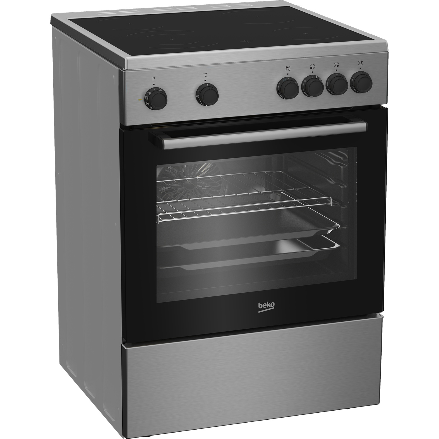Une cuisinière électrique Beko argentée. Elle a une table de cuisson noire, une porte de four et des boutons. Intérieur visible.