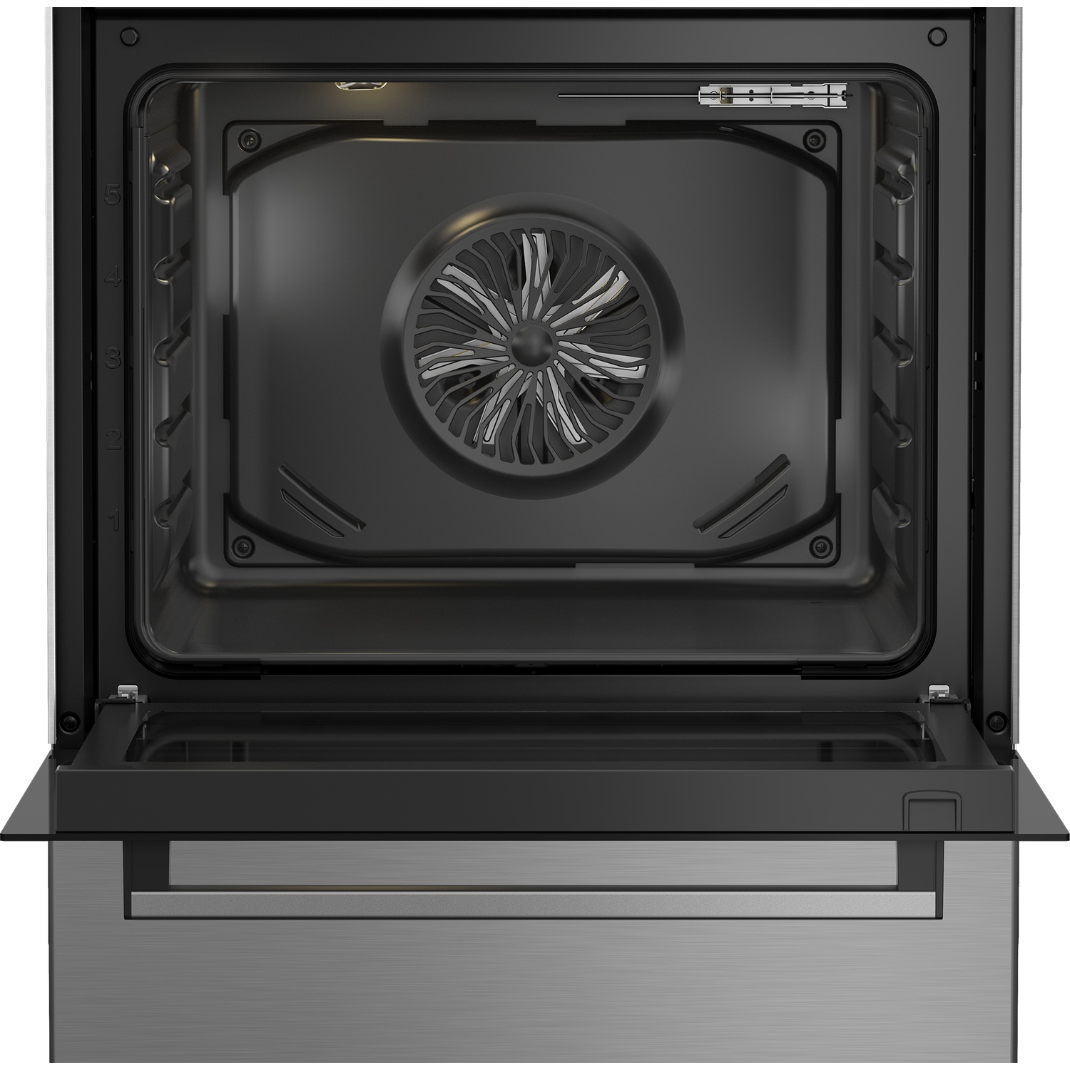 Intérieur du four ouvert, montrant le ventilateur et les guides de la grille. Porte ouverte. Extérieur en acier inoxydable avec porte vitrée.