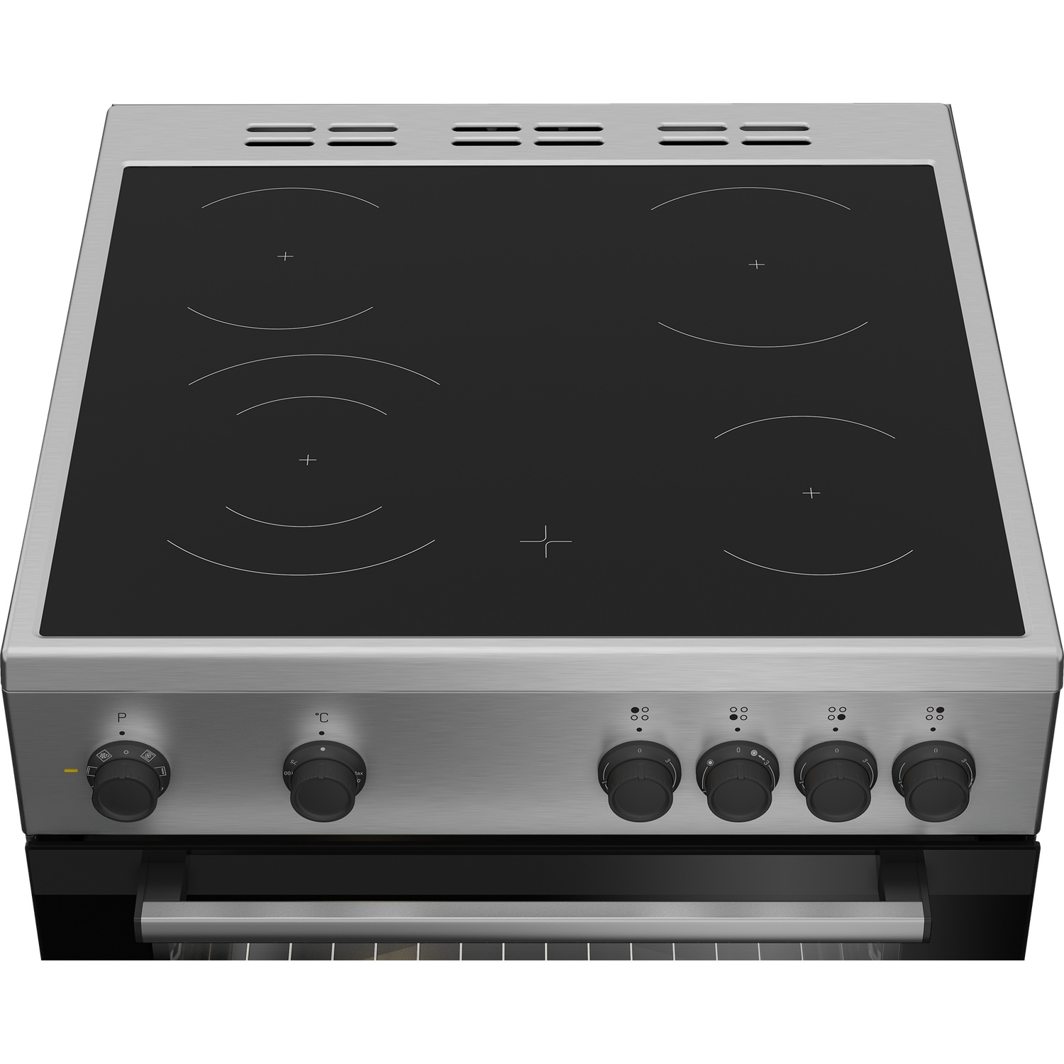 Une cuisinière électrique en acier inoxydable avec quatre brûleurs, des boutons de commande et une poignée de porte de four. Les brûleurs sont noirs.