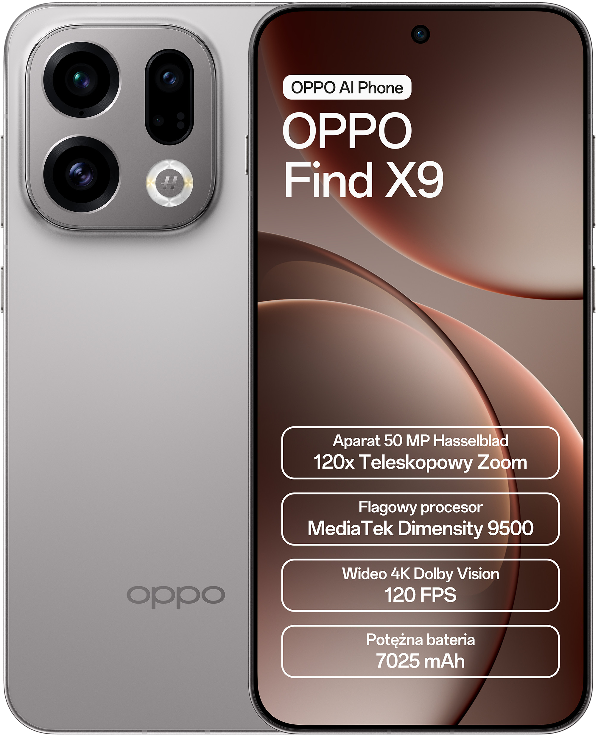 Obraz przedstawia telefon OPPO Find X9. Posiada zestaw aparatów i specyfikacje takie jak zoom 120x oraz baterię 7025 mAh.