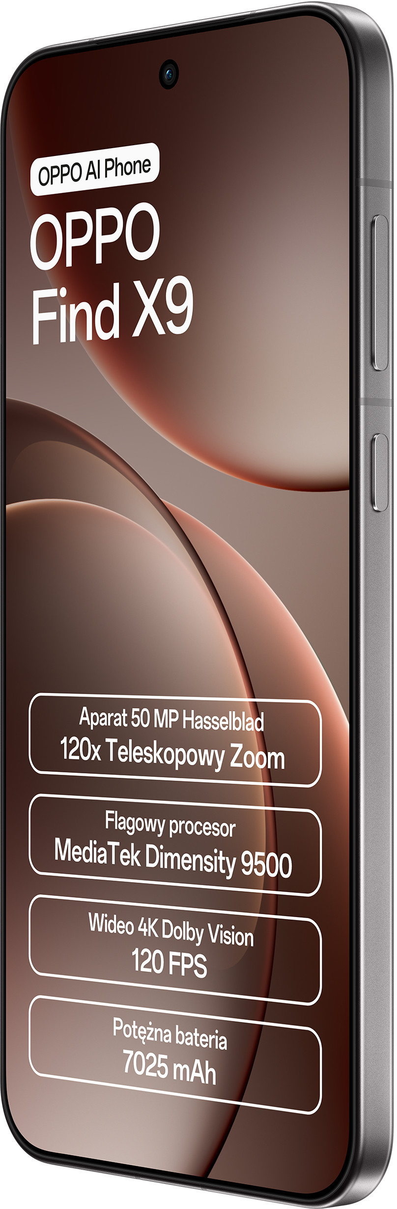 Obraz przedstawia telefon OPPO Find X9 z funkcjami takimi jak aparat Hasselblad 50MP, zoom 120x i bateria 7025 mAh.