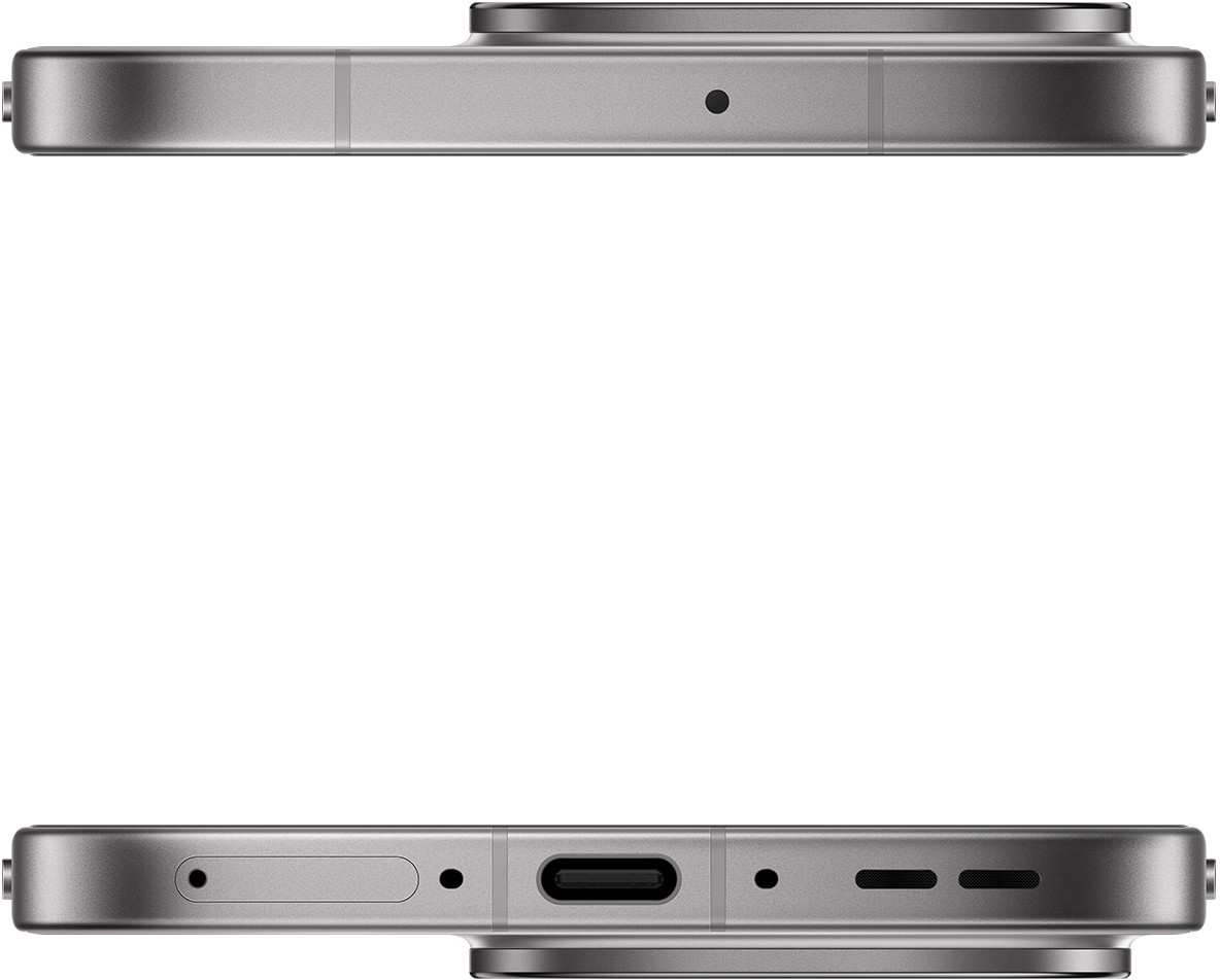 Widok z góry i z dołu szarego smartfona. Góra pokazuje mikrofon. Dół pokazuje port ładowania i głośnik.