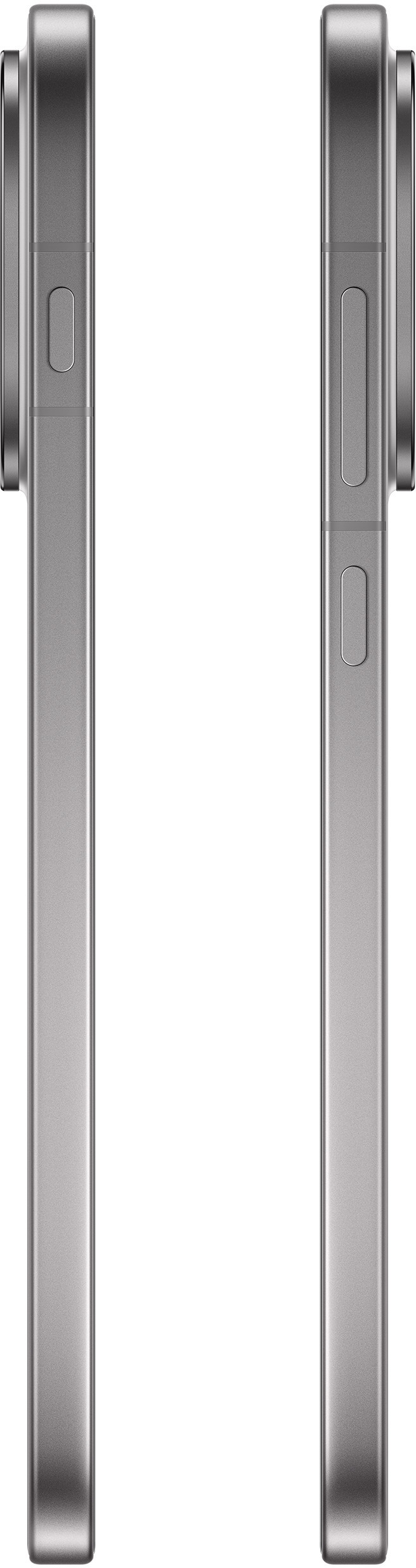 Dwa widoki z boku srebrnego smartfona. Przyciski są widoczne po bokach, z obiektywem aparatu na każdym końcu.