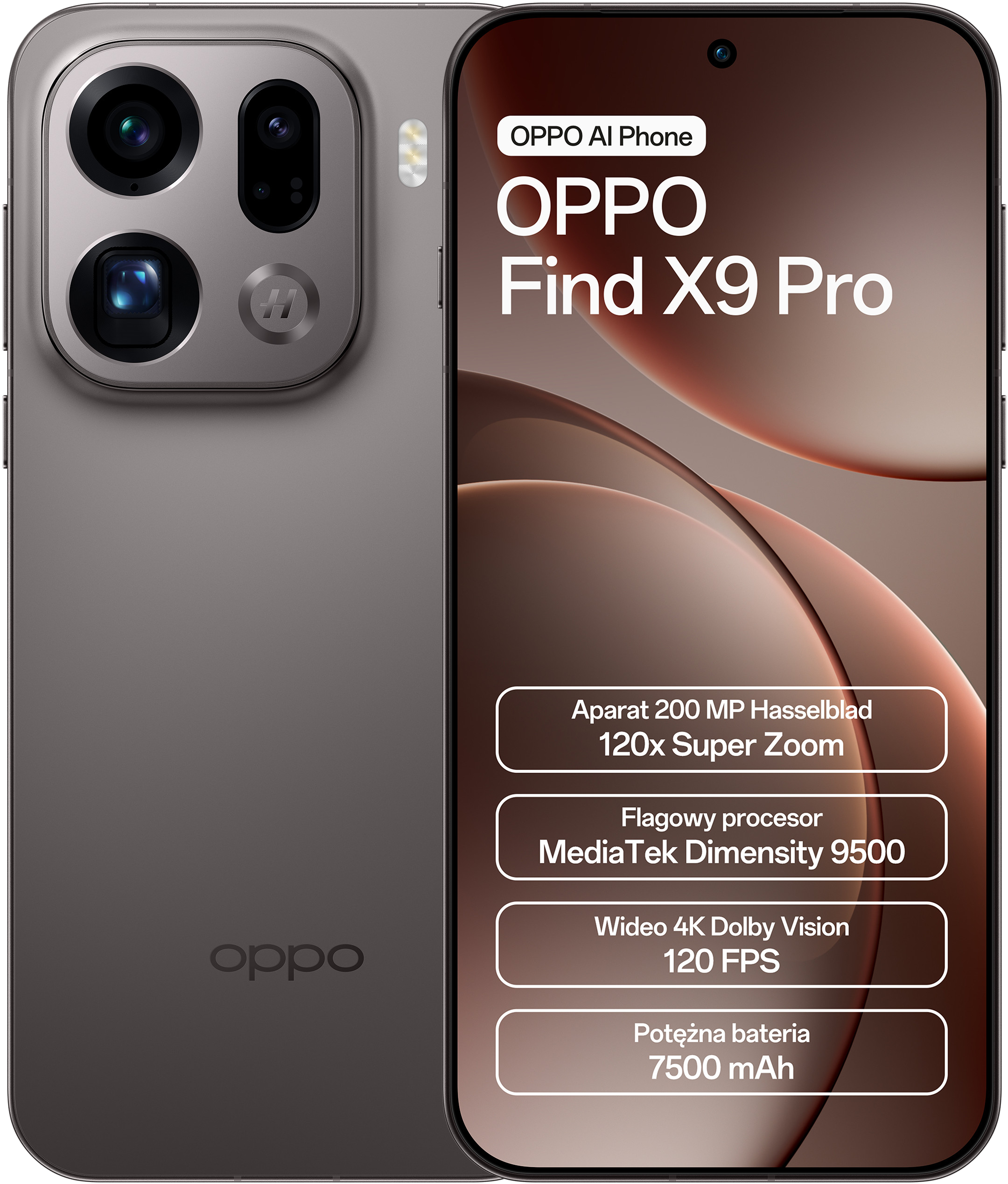 Smartfon OPPO Find X9 Pro. Ma potrójny aparat, ekran wyświetla funkcje i specyfikacje telefonu.