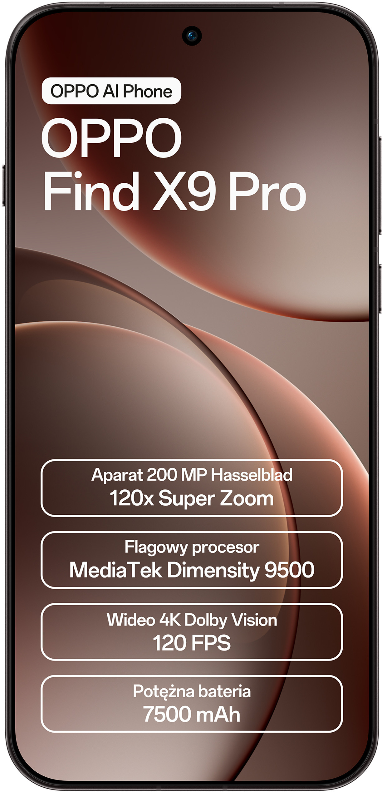 Telefon OPPO Find X9 Pro. Posiada aparat 200MP, zoom 120x, MediaTek Dimensity 9500, 4K Dolby Vision i baterię 7500mAh.