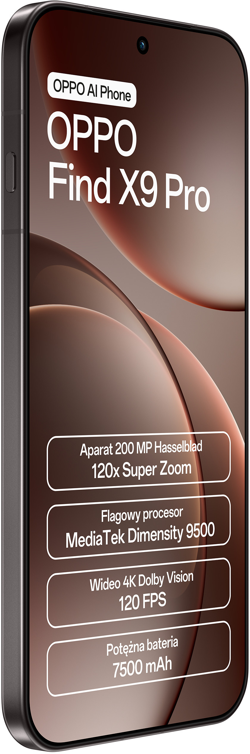 Obraz przedstawia telefon OPPO Find X9 Pro. Funkcje obejmują aparat 200 MP, zoom 120x, MediaTek Dimensity 9500, 4K Dolby Vision i baterię 7500 mAh.