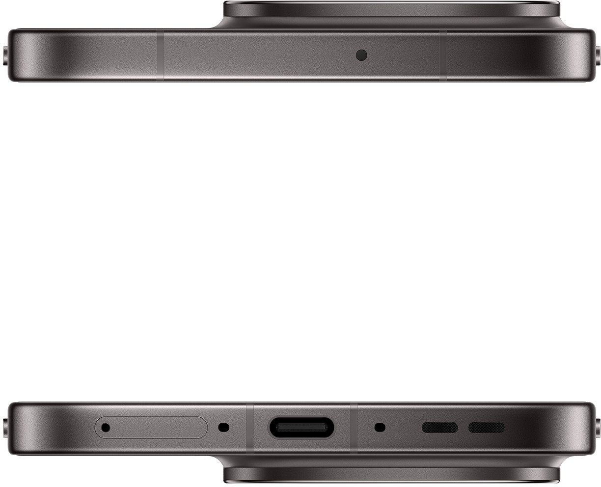 Zbliżenie ciemnoszarego smartfona. Widoczne górna i dolna krawędź, z portami, przyciskami i wypukłością aparatu. Białe tło.