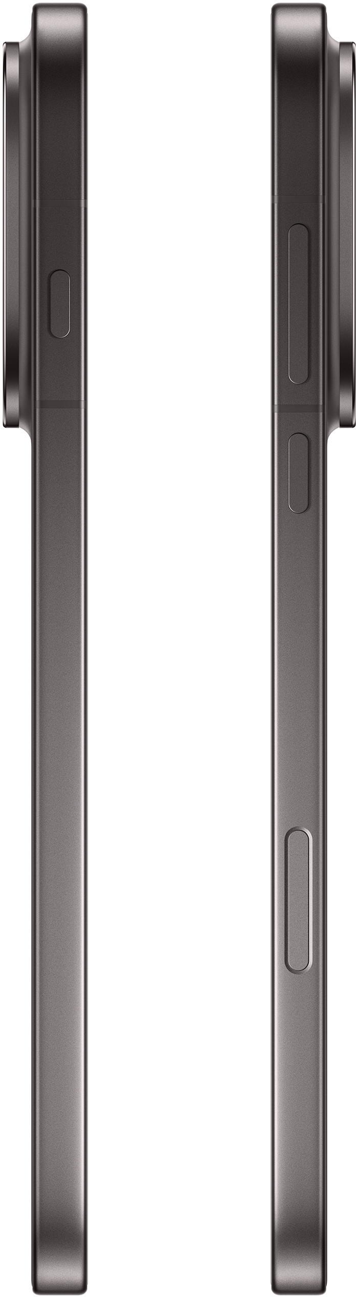 Dwa szare smartfony w profilu. Po bokach znajdują się przyciski i wypukłości aparatu. Białe tło.