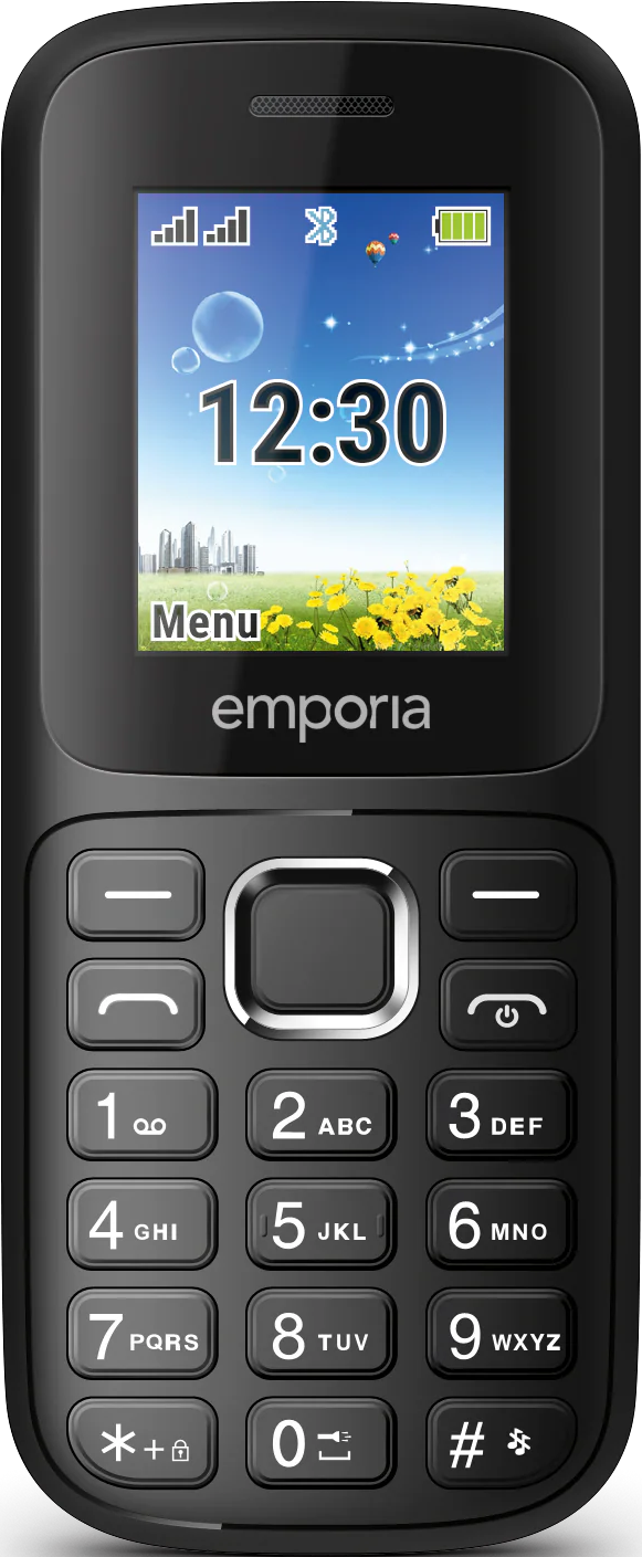 Schwarzes Emporia-Handy. Das Display zeigt Uhrzeit, Menü und Symbole. Die Tastatur hat Zahlen und Funktionstasten.