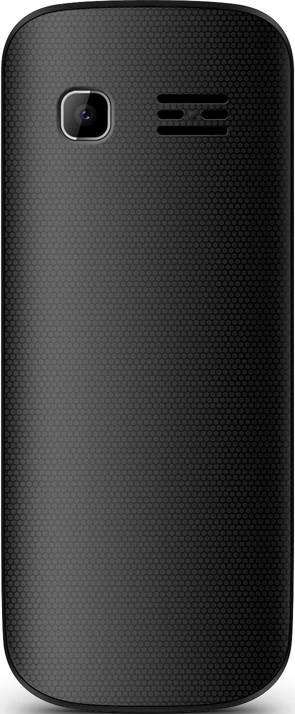 Ein schwarzes Mobiltelefon mit einem Kameraobjektiv und Lautsprecherlöchern. Das Telefon hat eine strukturierte Oberfläche.