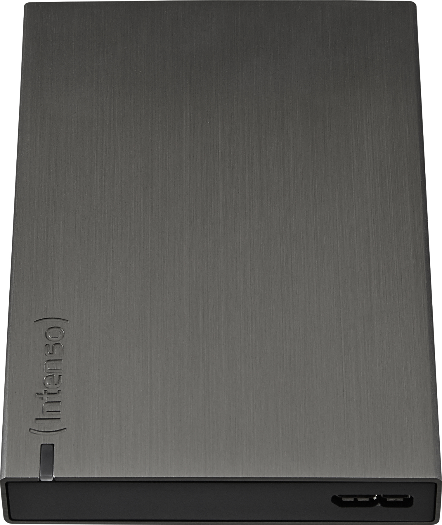 Un disque dur externe gris. Le dessus a une finition texturée, le dessous est noir. Le mot 'Intenso' est visible.