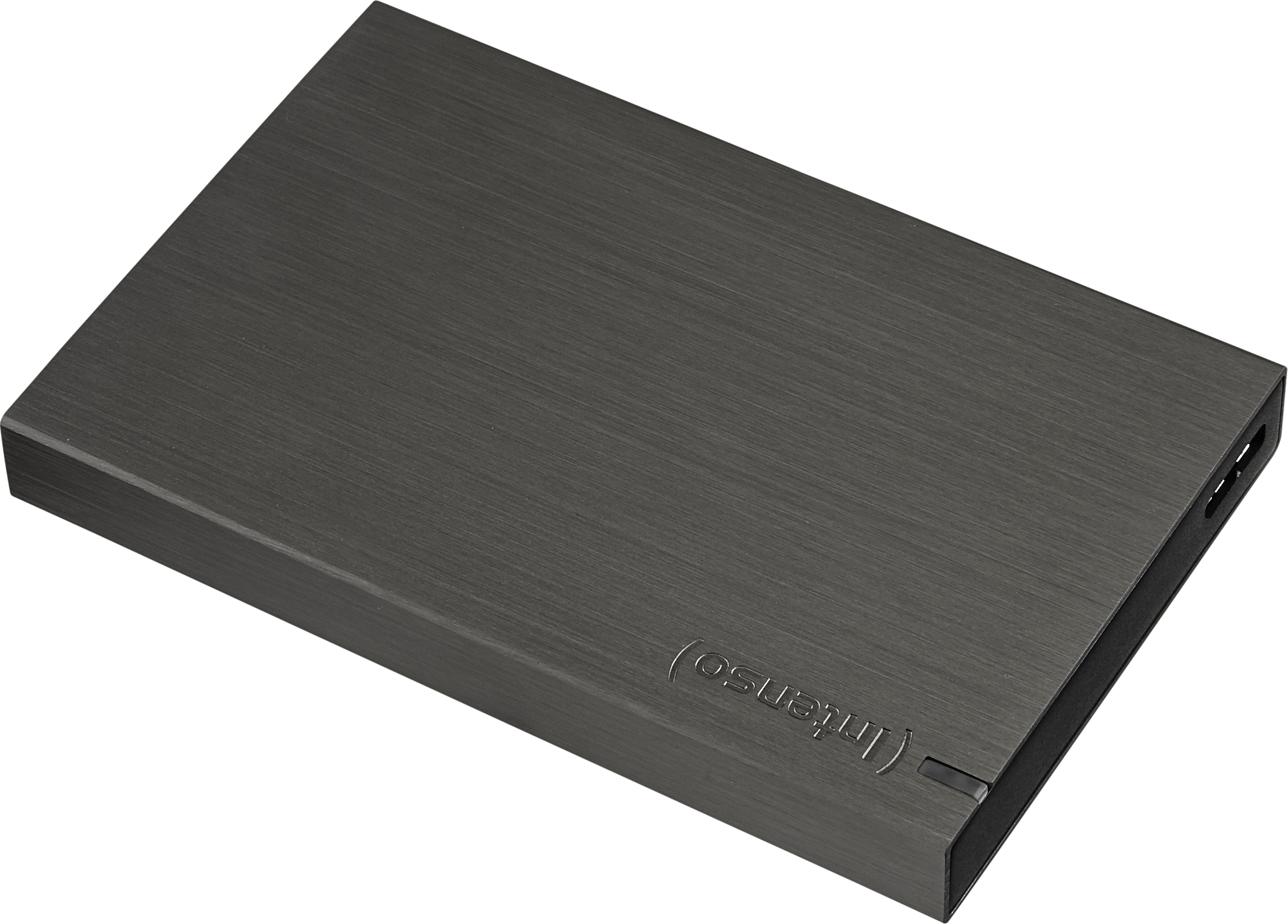 Disque dur externe gris foncé avec texture métal brossé. Le nom de la marque est visible.