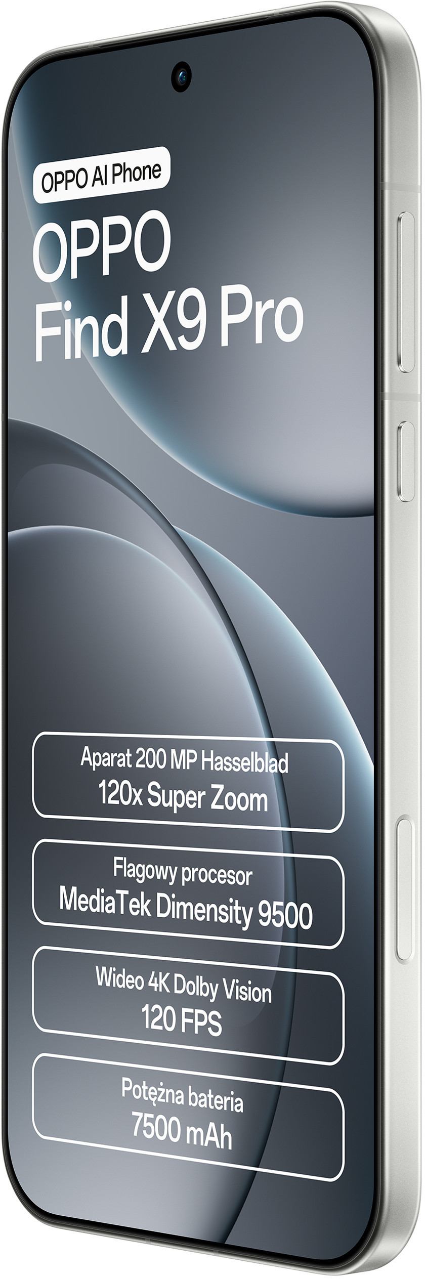 Obraz przedstawia telefon OPPO Find X9 Pro. Posiada aparat Hasselblad 200MP, zoom 120x i baterię 7500 mAh.