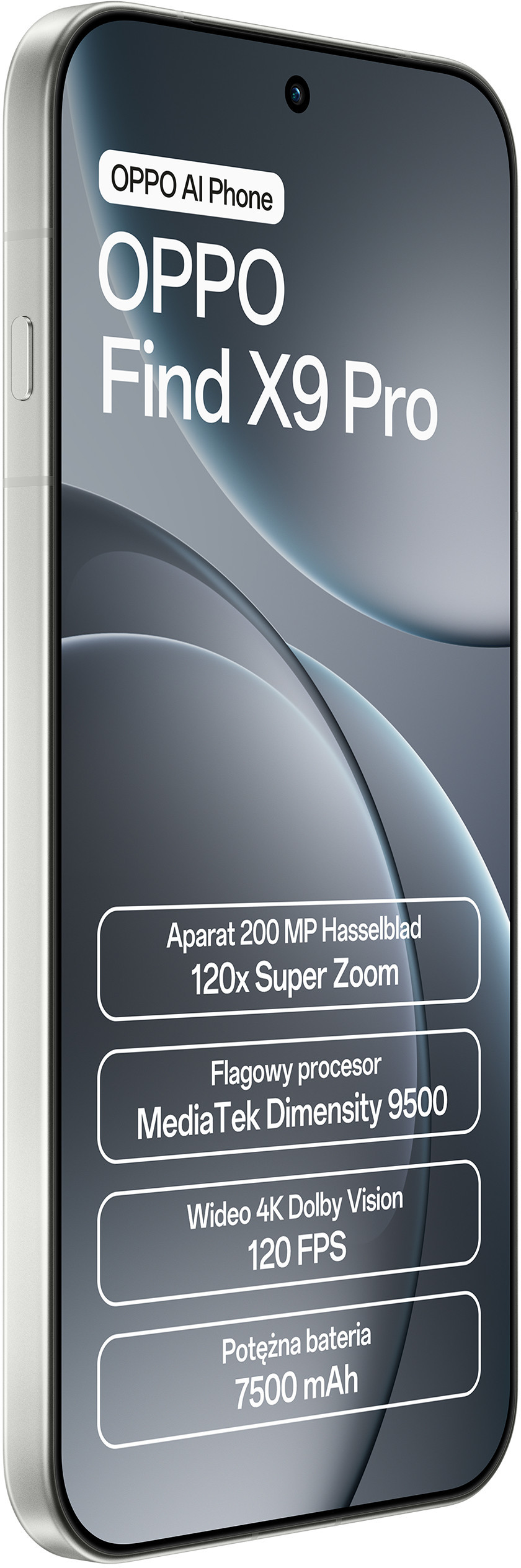 Obraz przedstawia telefon OPPO Find X9 Pro. Posiada duży ekran z detalami na temat aparatu i baterii.