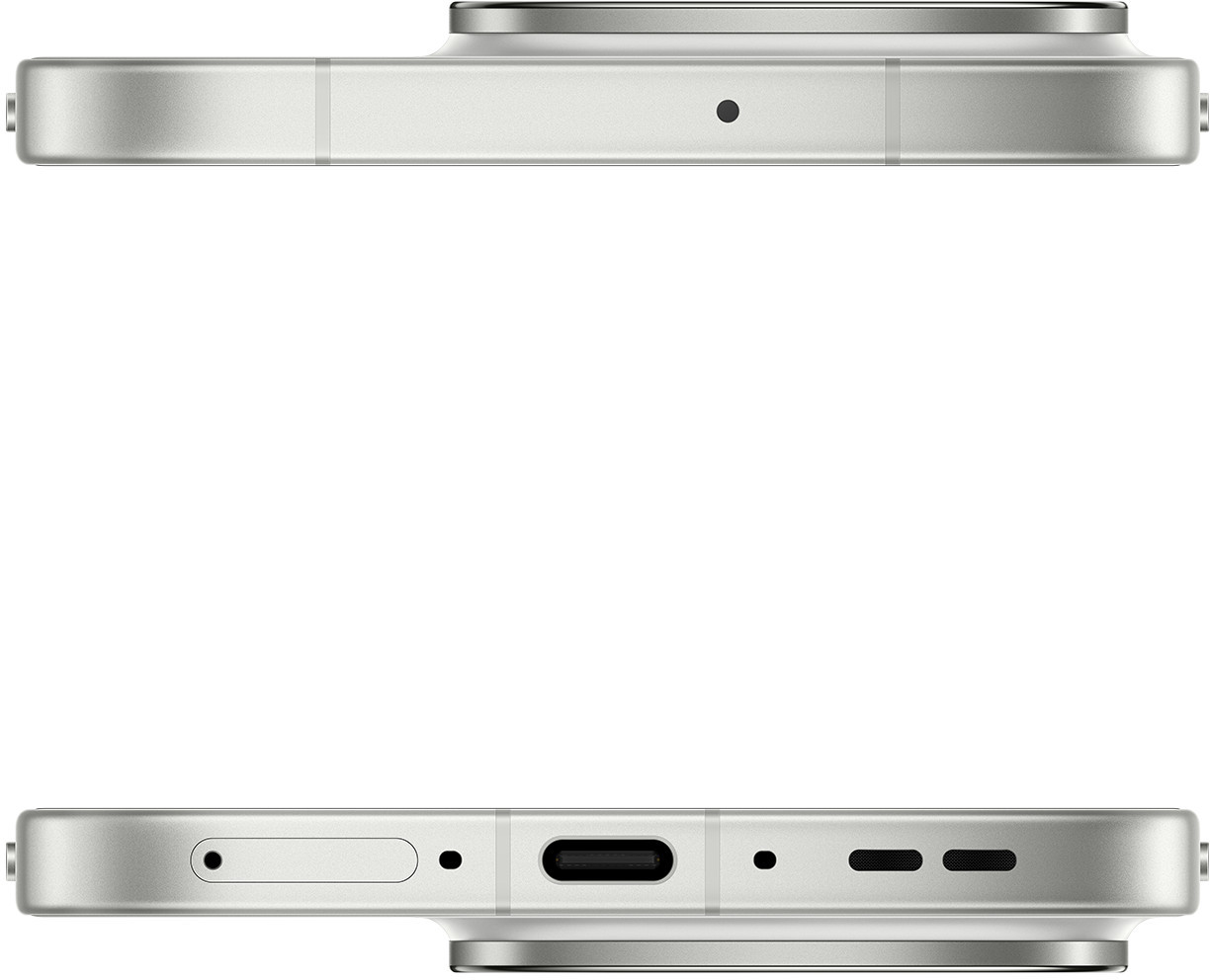 Widok z boku srebrnego smartfona. U góry aparat. Na dole port ładowania, głośnik i otwory mikrofonu.